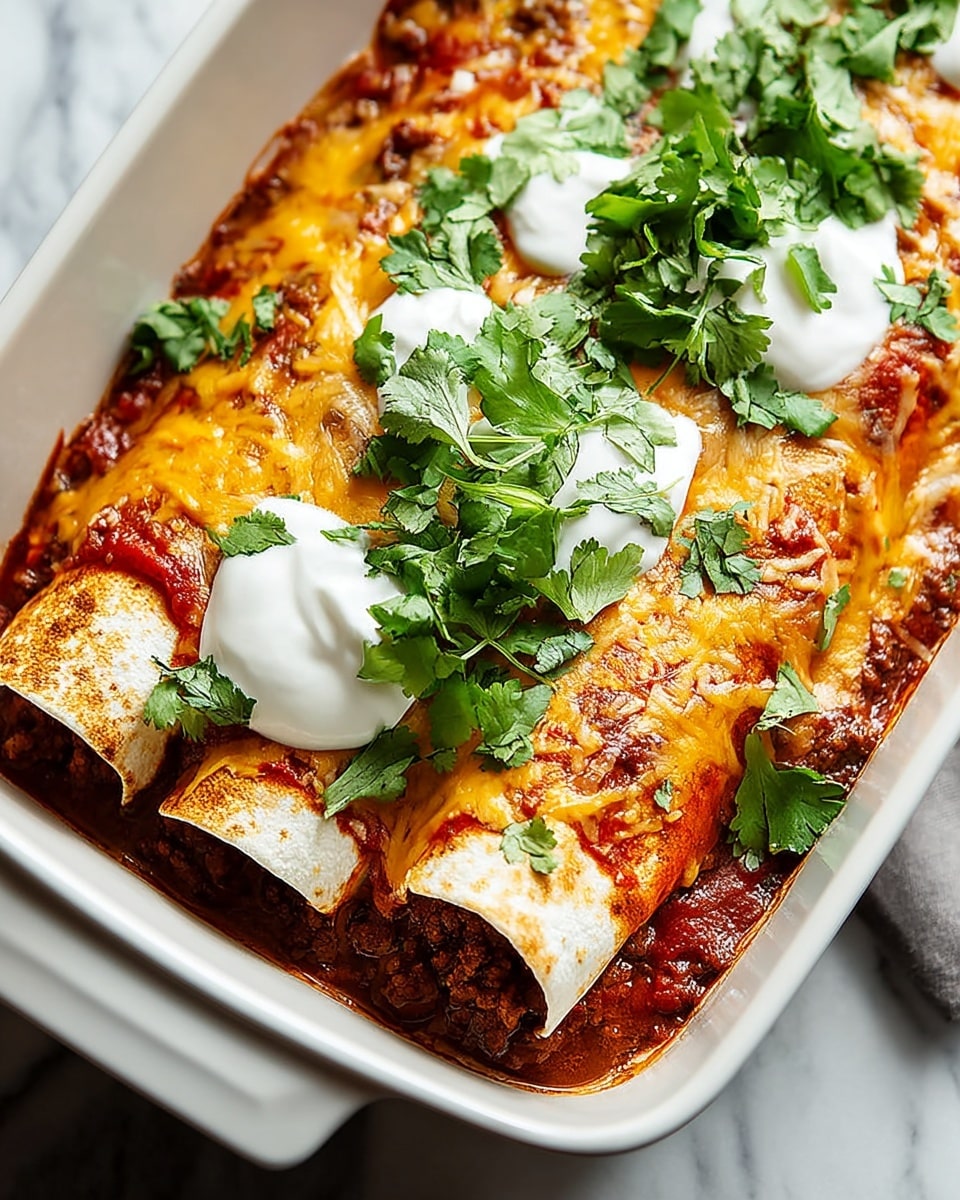The image shows a white rectangular baking dish filled with two rolled tortillas on the left side, each stuffed with a rich, dark brown meat filling visible at the edges. The tortillas are covered with a layer of melted golden-yellow and white cheese, mixed with a red tomato sauce that seeps around the edges. On top of the cheese, there are dollops of white sour cream and fresh chopped bright green cilantro leaves scattered across the surface. The dish is placed on a white marbled surface, adding brightness to the warm and fresh colors of the food. photo taken with an iphone --ar 4:5 --v 7