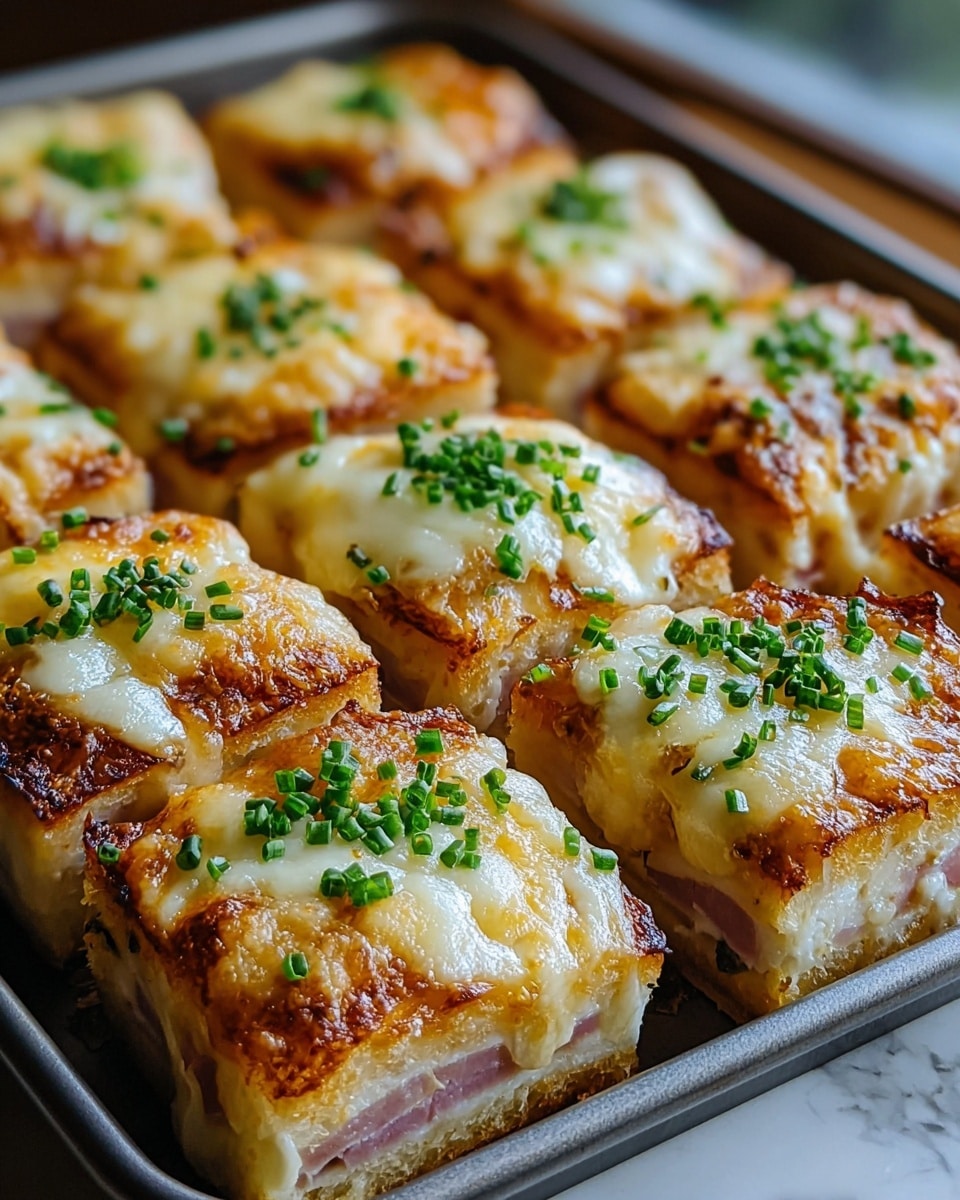 The image shows a close-up of a white baking dish filled with square pieces of a golden-brown baked dish. Each square has a crispy top layer with melted cheese that is bubbling and browned, topped with small cubes of ham and sprinkled with fresh green chopped chives. The texture of the baked dish is creamy with a soft interior visible in some squares. The dish is placed on a white marbled surface. Photo taken with an iphone --ar 4:5 --v 7