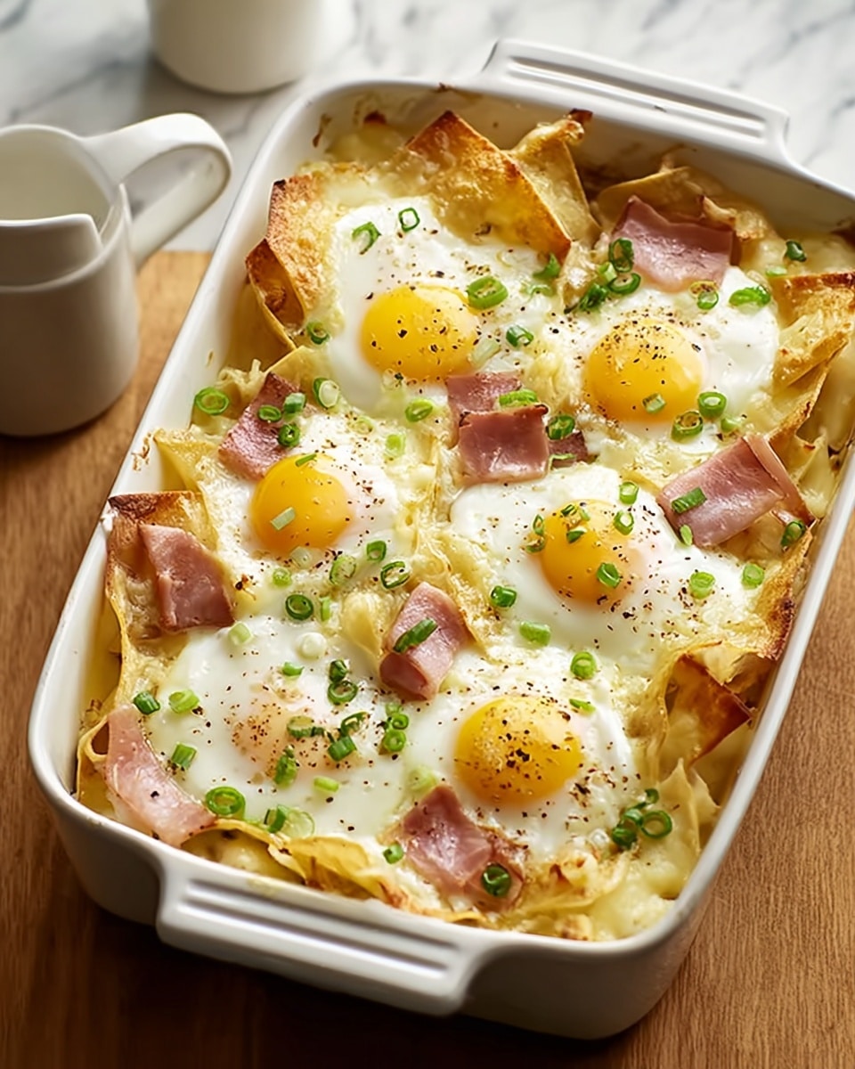 A white rectangular baking dish filled with a layered breakfast casserole. The bottom layer shows golden-brown cooked pieces, topped with slices of crispy pink ham. Above this is a layer of melted white cheese covering the dish, with whole soft cooked eggs spaced evenly on top, their yolks pale yellow. Bright green peas are scattered around, and the casserole is lightly sprinkled with chopped green herbs and black pepper. A woman's hand is holding the handle of the dish on the right side. In the blurry background on a white marbled surface, there is a small white plate holding three brown eggs and a green bowl with a spoon inside. Photo taken with an iphone --ar 4:5 --v 7
