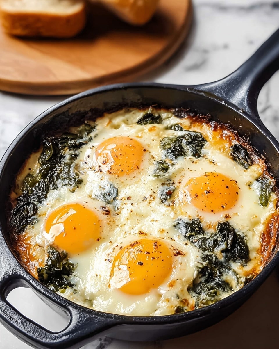 A black pan with a handle contains a baked dish with three sunny-side-up eggs on top, each having bright yellow yolks and slightly cooked whites. Underneath the eggs is a layer of melted white cheese mixed with pieces of dark green leafy vegetables. The edges of the cheese are golden brown and slightly crispy. The pan sits on a white marbled surface, and there is a blurred wooden board with bread in the background. Photo taken with an iphone --ar 4:5 --v 7