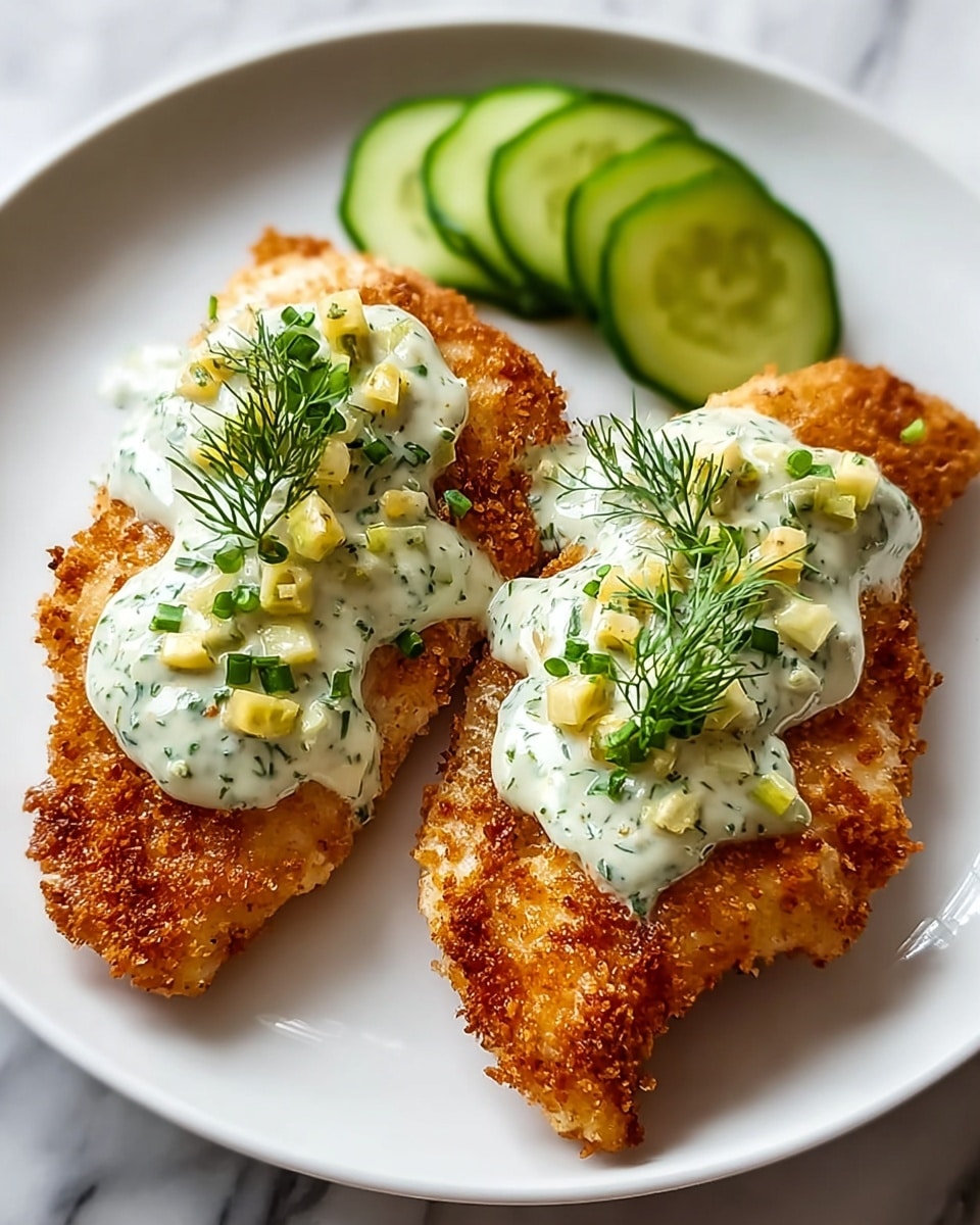 Two pieces of golden brown crispy fried fish fillets lie side by side on a white plate, each topped with a creamy white sauce mixed with small yellow bits and green herbs, garnished with small sprigs of fresh dill. To the side, a small stack of thinly sliced cucumber rounds adds a fresh green touch. The plate rests on a white marbled surface, giving the scene a clean and bright look. photo taken with an iphone --ar 4:5 --v 7