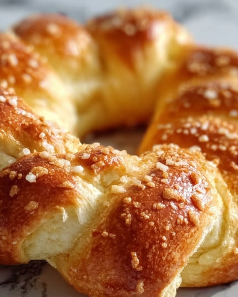 The image shows a close-up of a golden brown pastry with a glossy, slightly crispy crust. The pastry has a twisted round shape with several curved layers visible, each layer shiny and textured with small white sugar crystals sprinkled on top. Between the layers, a creamy, pale yellow filling is slightly oozing out, adding a smooth contrast to the crispy outer layers. The background consists of a white marbled surface, softly blurred to keep focus on the detailed texture of the pastry. photo taken with an iphone --ar 4:5 --v 7