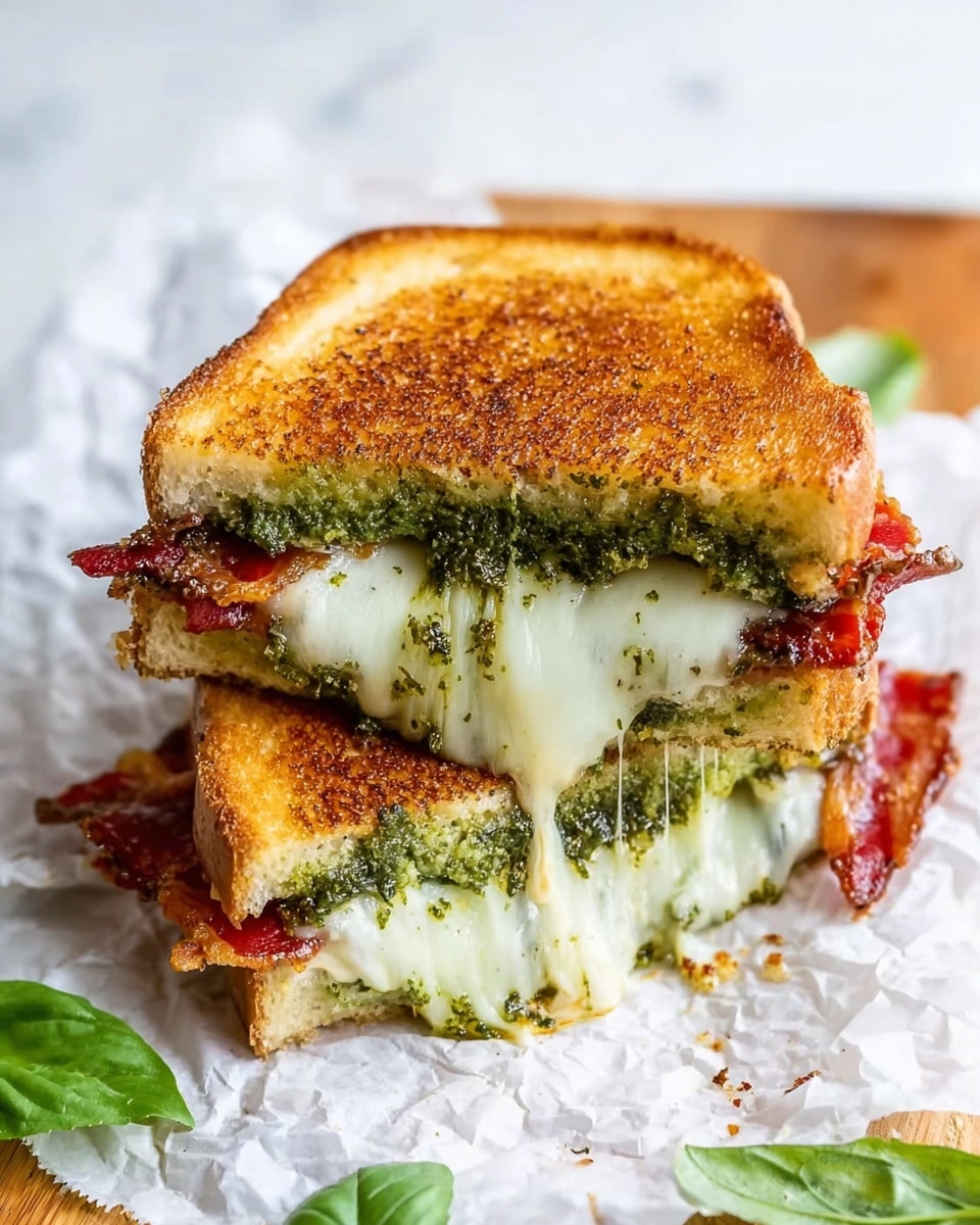 A tall stack of three grilled cheese sandwiches is shown, each sandwich made of golden-brown toasted bread with a slightly crisp texture. Between the bread slices, there are layers of melted white cheese that stretches and oozes out, mixed with a vibrant green pesto sauce and small pieces of dark red sun-dried tomatoes. The sandwiches rest on a piece of crumpled white parchment paper placed on a white marbled surface, with fresh green basil leaves nearby adding a pop of color. The image highlights the gooey and rich texture of the cheese and the fresh, herby look of the pesto sauce. photo taken with an iphone --ar 4:5 --v 7