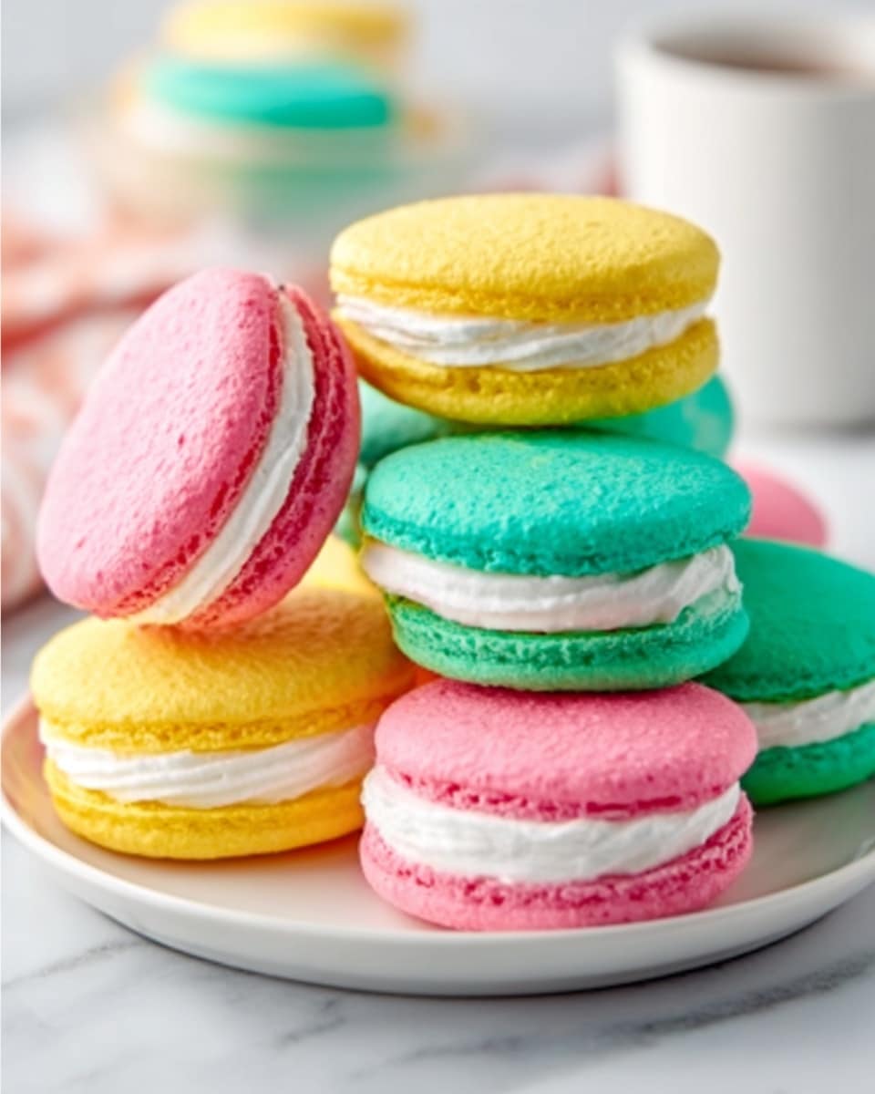 A white plate sits on a white marbled surface covered with a light blue knit cloth. On the plate, there are nine frosted cookies arranged in a circular pattern with one cookie in the center. The cookies have smooth, bright frosting in three colors: yellow, pink, and teal. The yellow cookies have a slightly shiny texture, the pink cookies look soft and velvety, and the teal cookies are smooth with a delicate gloss. The lighting brings out the bright colors clearly, creating a cheerful and inviting look. Photo taken with an iphone --ar 4:5 --v 7