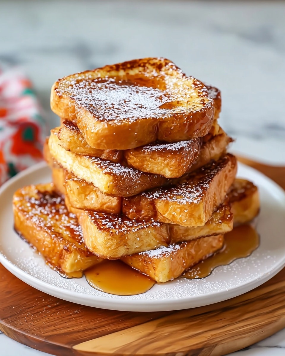 A stack of seven square pieces of golden brown French toast with a slightly crispy texture is placed on a white round plate. The top piece is dusted with powdered sugar, and syrup is drizzling down the sides of the toast, pooling lightly at the bottom. The toast's edges are thick and soft with a light, fluffy interior visible. The plate sits on a wooden board with a white marbled surface beneath it. photo taken with an iphone --ar 4:5 --v 7