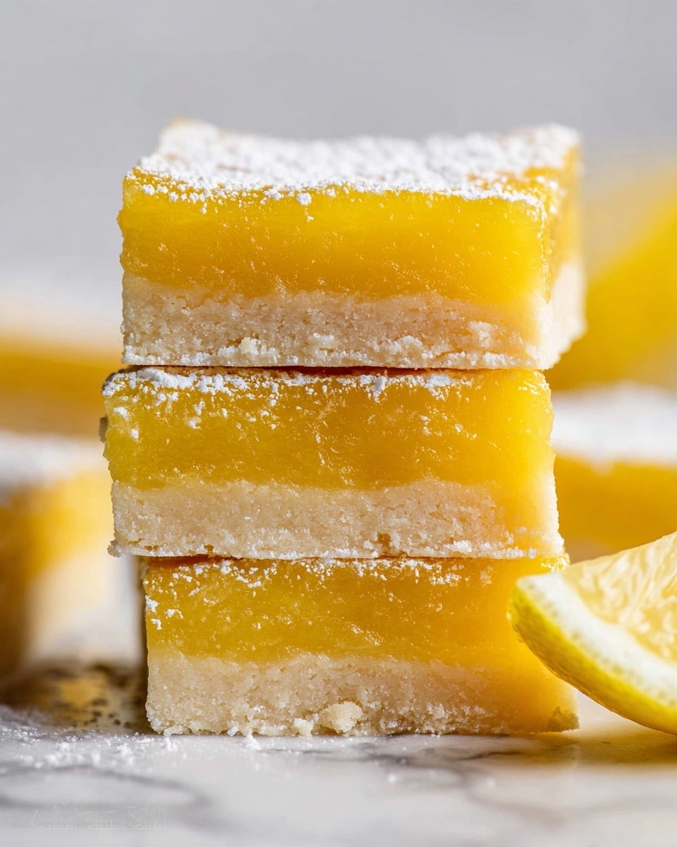 The image shows a stack of three lemon bars placed on a white marbled surface. Each lemon bar has two layers: a thick, bright yellow, glossy lemon filling on top with a slightly textured look and a light beige, crumbly shortbread crust at the bottom. A thin dusting of powdered sugar is lightly sprinkled on the top of the lemon filling. There is a small wedge of fresh lemon resting against the bottom bar on the right side. The overall look is fresh, vibrant, and clean, highlighting the contrast between the smooth lemon layer and the crumbly shortbread layer. Photo taken with an iphone --ar 4:5 --v 7