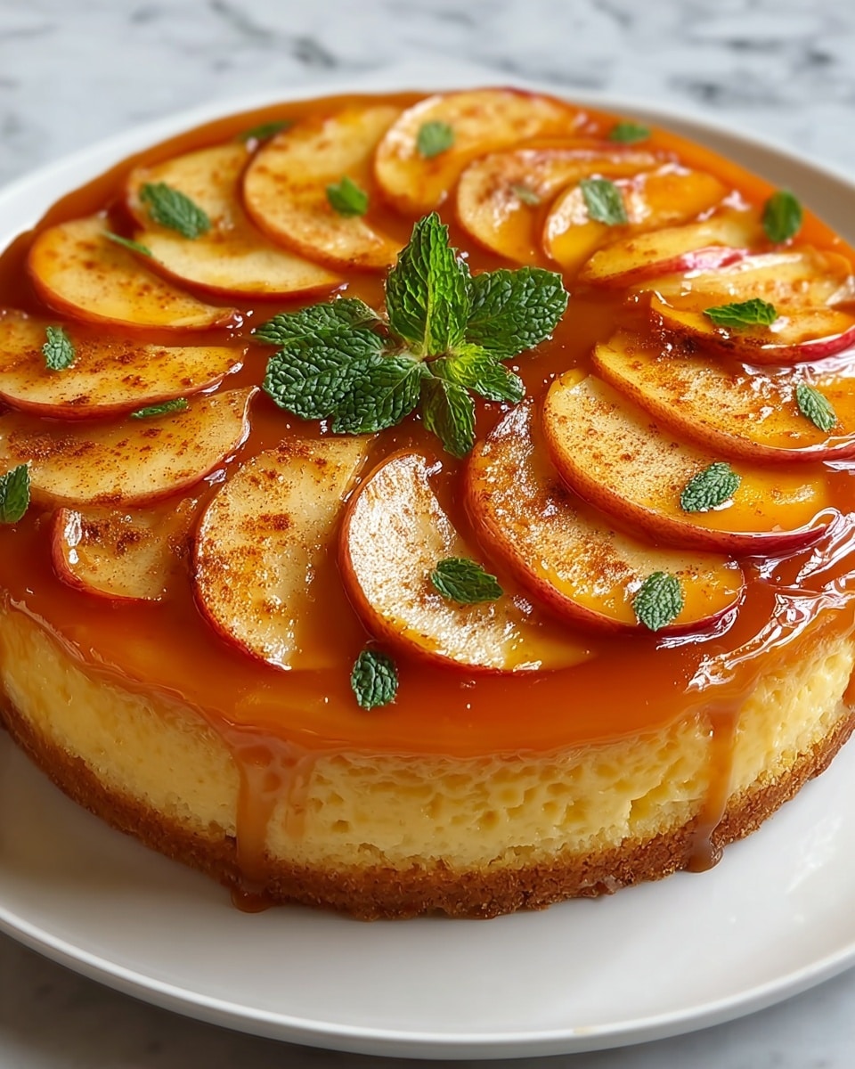 A round cake with three visible layers: a bottom golden-brown crust, a thick middle layer of soft yellow cake, and a shiny amber caramel glaze on top. The top layer is decorated with evenly spaced thin slices of yellow apple with red edges, arranged in concentric circles. Small green mint leaves are scattered on the surface, with a small bunch of fresh mint leaves in the center. The cake sits on a white plate placed on a white marbled surface. The glossy caramel glaze gives a smooth, wet look and light brown cinnamon powder is sprinkled on the apple slices. Photo taken with an iphone --ar 4:5 --v 7