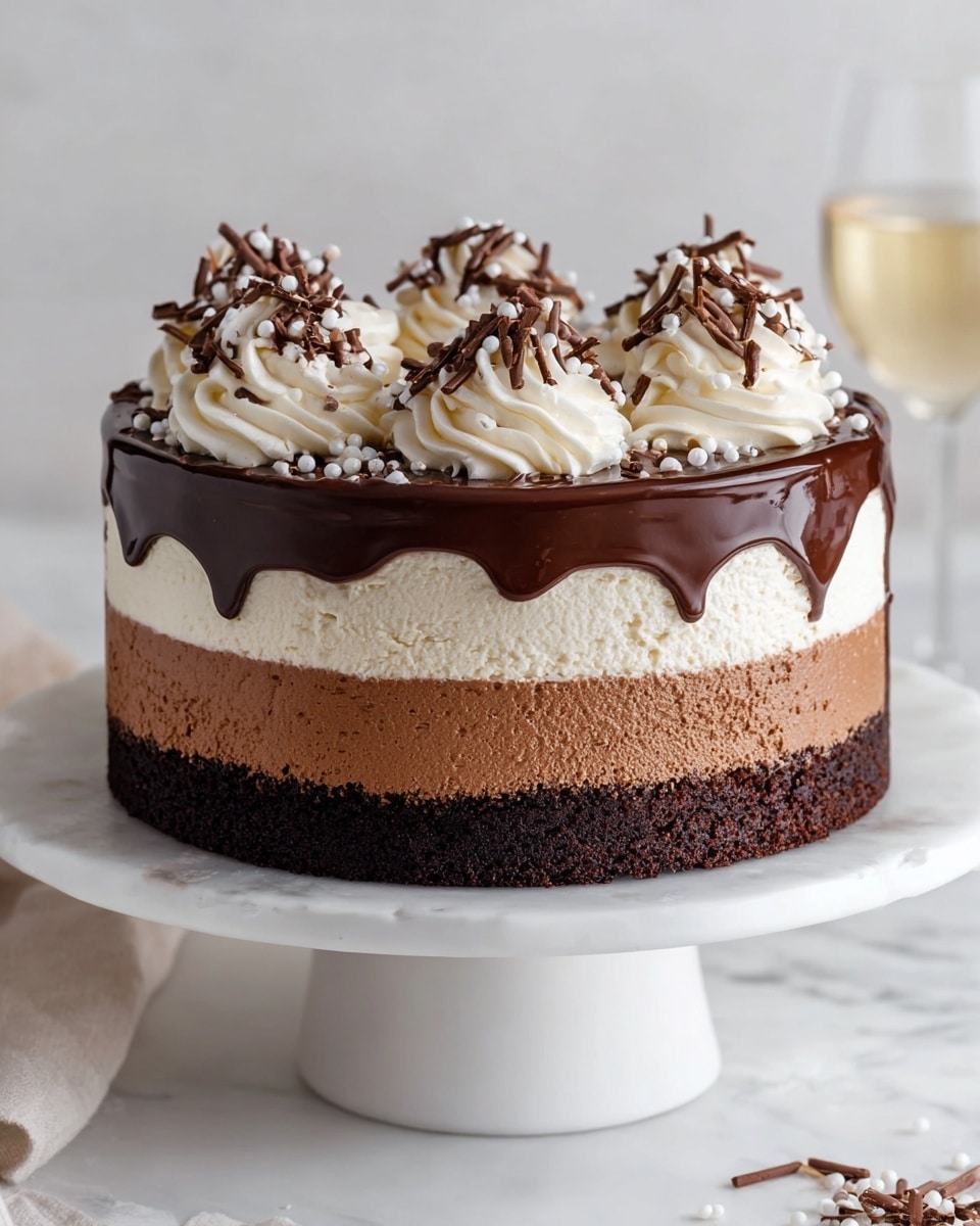 A layered chocolate mousse cake with four visible layers sits on a white cake stand over a white marbled surface. The bottom layer is a dark, dense chocolate cake base. Above it is a lighter brown mousse layer, followed by a thick, creamy white mousse layer. The top layer is a smooth, dark chocolate mousse covered with glossy dark chocolate ganache dripping slightly down the sides. On top, there are four swirls of white whipped cream evenly spaced, each sprinkled with thin chocolate curls and small white candy beads. Photo taken with an iphone --ar 4:5 --v 7