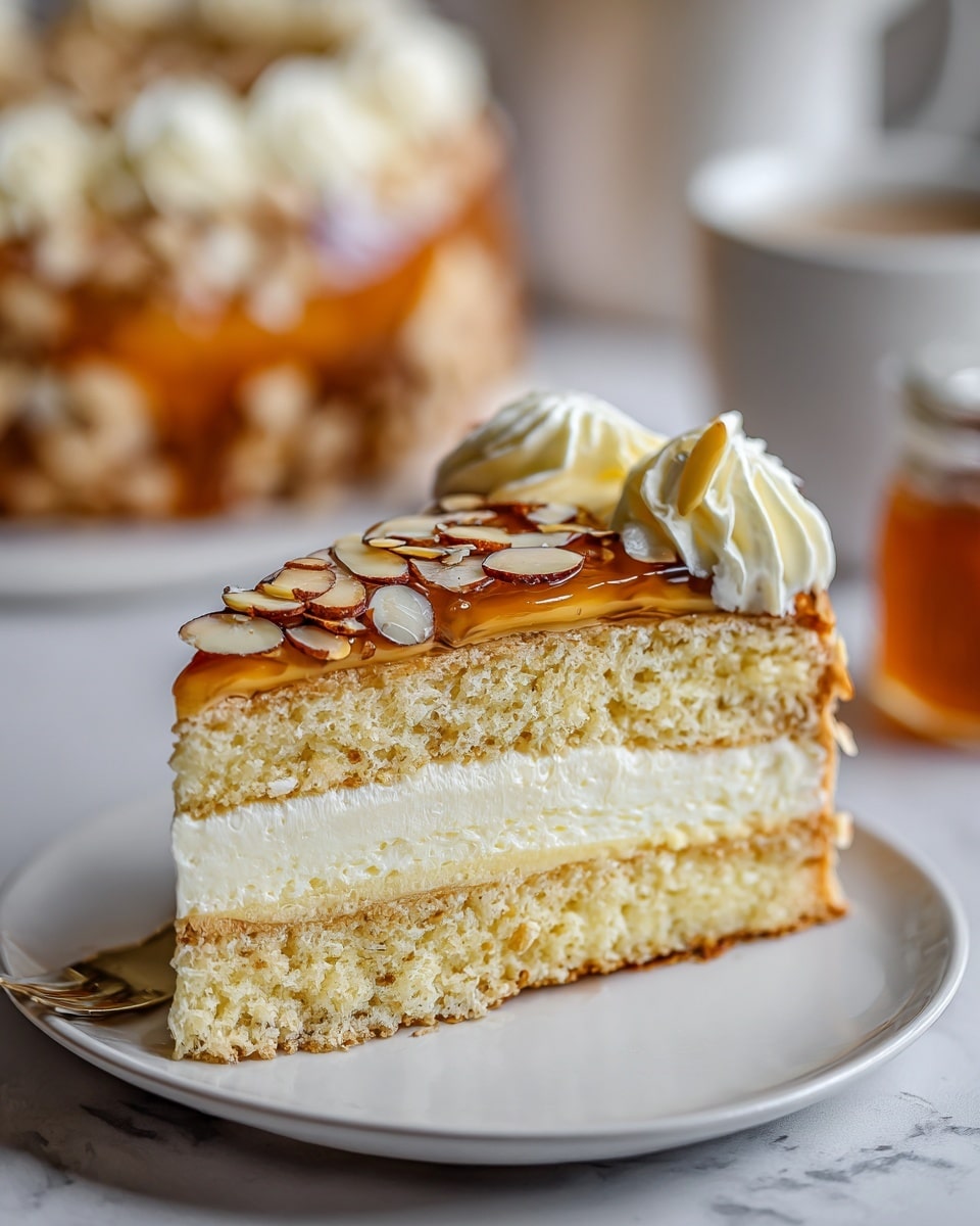 A single slice of layered cake sits on a white plate on a white marbled surface. The cake has three main layers: the bottom and top layers are light golden sponge cake with a soft, crumbly texture, and between them is a thick, creamy white filling. The top of the slice is covered with a glossy caramel glaze, sprinkled with sliced toasted almonds, and decorated with a small swirl of white whipped cream near the edge. A blurred whole cake, also topped with caramel, almonds, and whipped cream, is visible in the background with a white mug and a jar beside it. Photo taken with an iphone --ar 4:5 --v 7