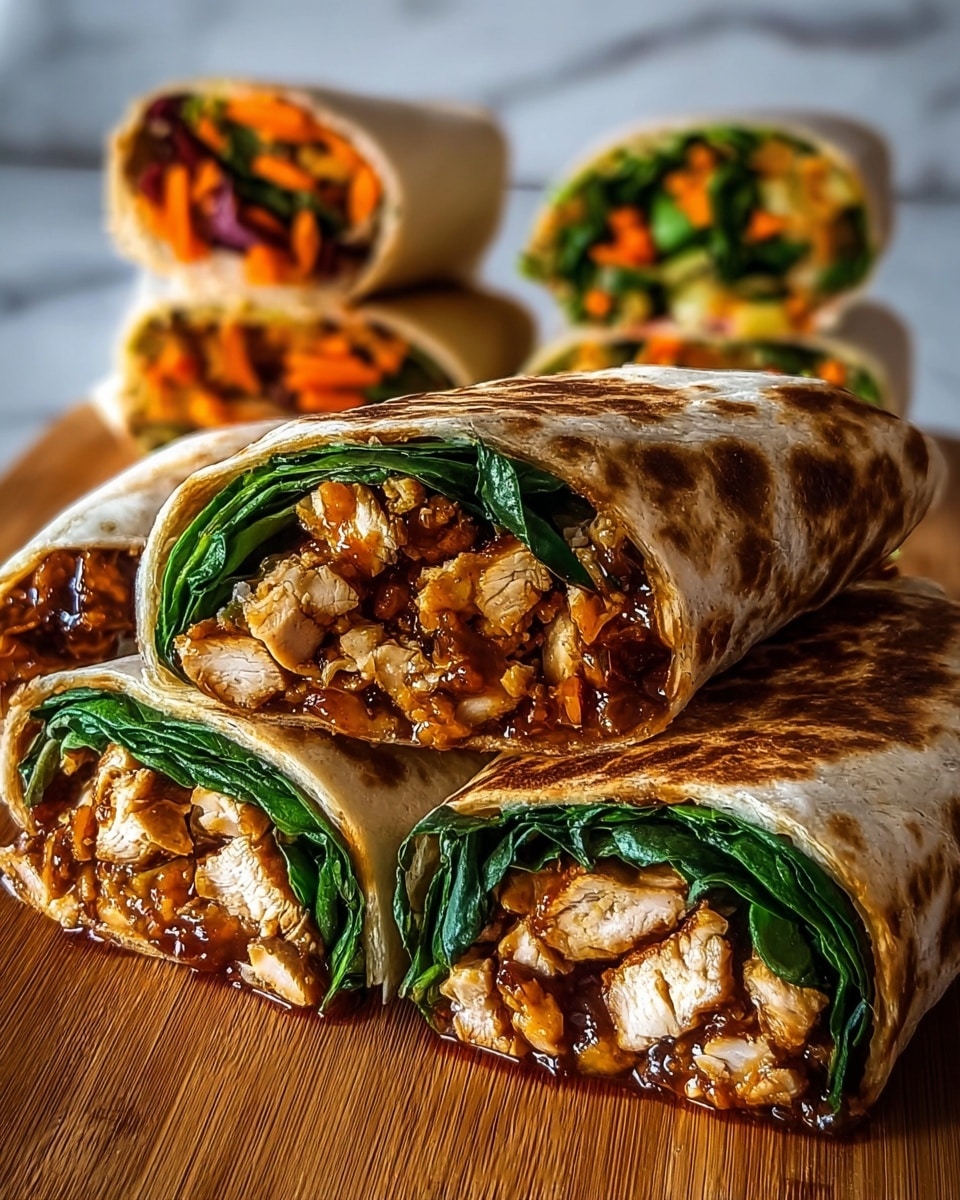 Several wraps are cut in half and arranged on a wooden board, showing their layers clearly. Each wrap has a browned, soft tortilla on the outside, filled with three visible layers: the top layer is fresh, dark green leafy spinach, the middle layer consists of chunky pieces of grilled chicken with a glazed, golden-brown sauce, and bits of orange carrots are scattered within. The wraps are stacked in the background with their colorful fillings facing forward, all placed on a white marbled surface. Photo taken with an iphone --ar 4:5 --v 7