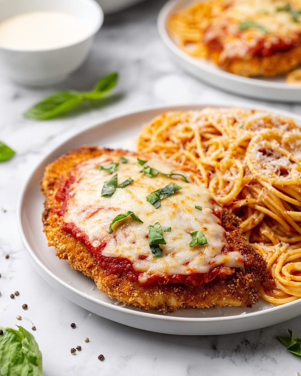 A white plate holds a serving of chicken parmesan and spaghetti. The chicken parmesan has three main layers: a crispy golden-brown breaded chicken base, a bright red marinara sauce layer in the middle, and a thick layer of melted golden and white cheese on top, sprinkled with small green basil pieces. Next to it, the spaghetti is coated in a red tomato sauce and lightly dusted with grated cheese. The plate is set on a white marbled surface with scattered green basil leaves and black pepper grains around. A white bowl with a white creamy sauce sits blurred in the background. photo taken with an iphone --ar 4:5 --v 7