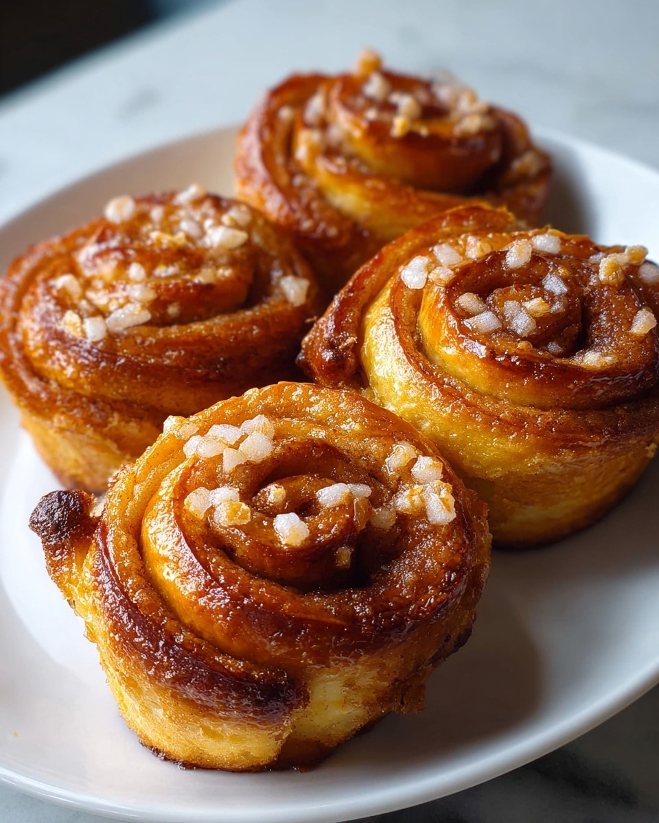 Four cinnamon rolls shaped like roses sit closely on a white plate. Each roll has multiple thin layers of golden-brown dough spiraled tightly, with the edges slightly darker and crisp. The top of each roll is sprinkled with coarse sugar crystals that glisten, adding texture and a bit of sparkle. The rolls have a glossy appearance from a glaze, highlighting the cinnamon specks in the dough. The plate rests on a white marbled surface. photo taken with an iphone --ar 4:5 --v 7