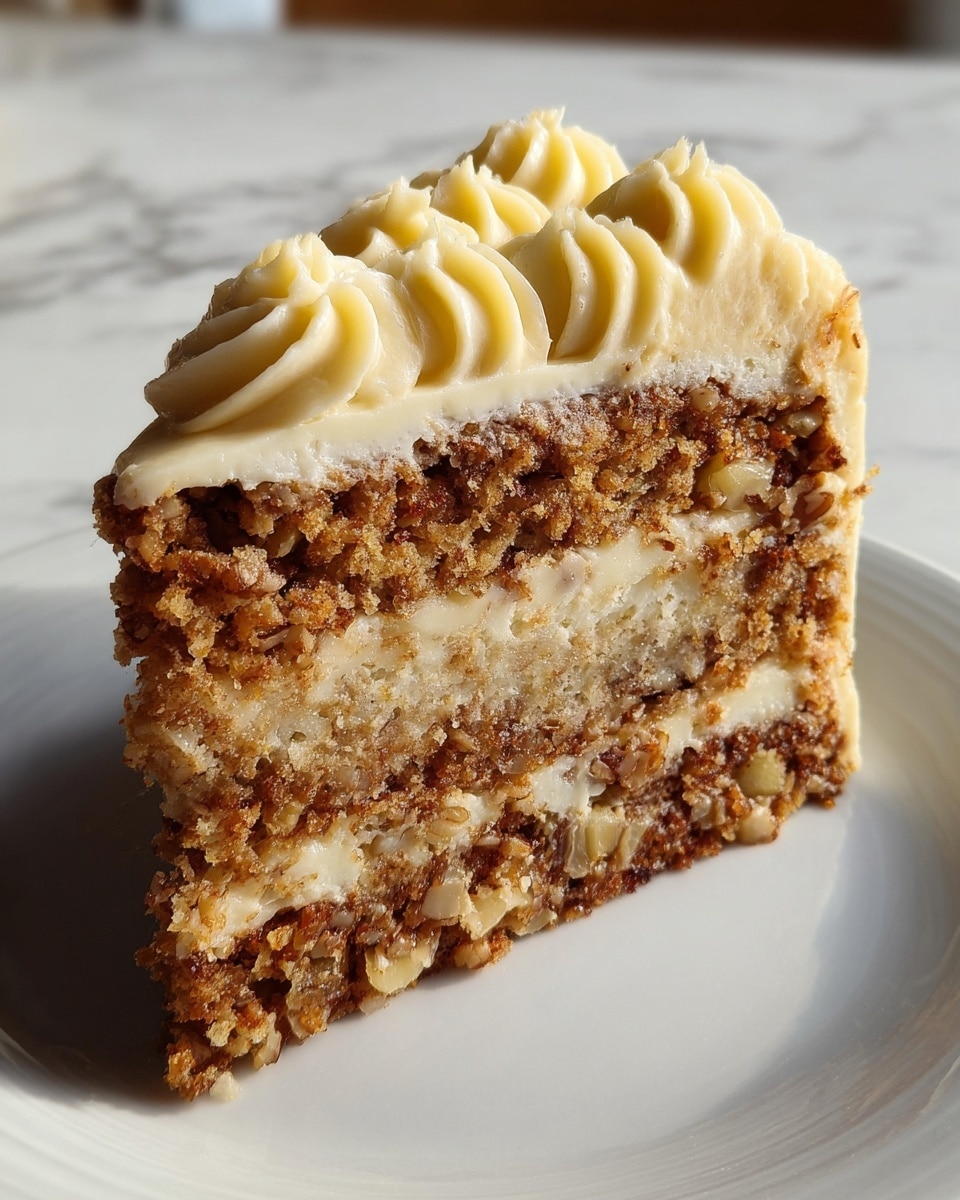 A close-up of a slice of cake shows three layers: the bottom and top layers are textured and golden brown with visible bits of nuts or fruit, giving a crumbly look; the middle layer is lighter beige and appears moist with small pieces of fruit or nuts inside; the cake is topped with a thick layer of creamy, light yellow frosting, decorated with swirled patterns along the top edge. The slice sits on a white plate against a white marbled surface. photo taken with an iphone --ar 4:5 --v 7