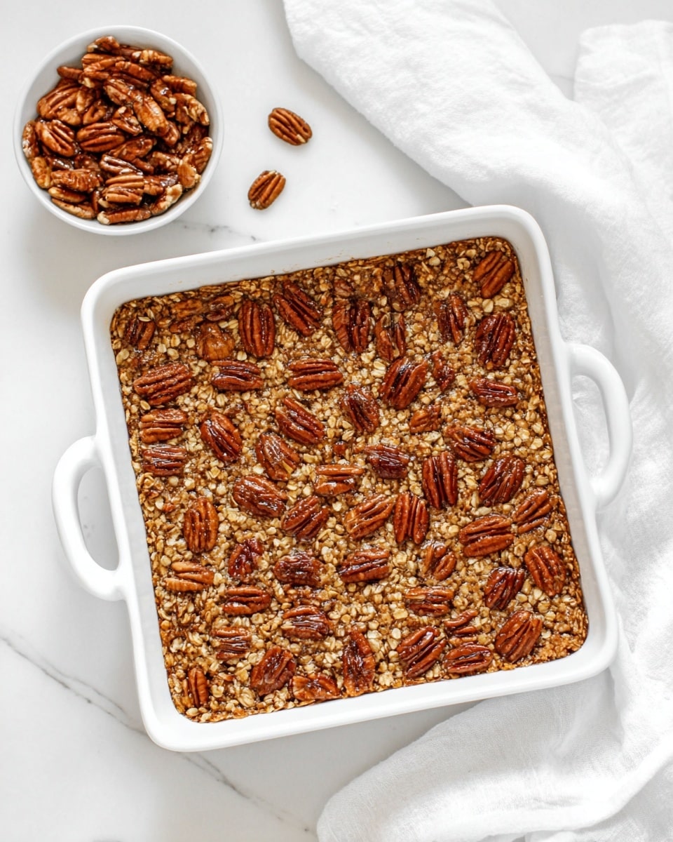 The dish is a baked oat and pecan square in a white ceramic square baking pan with two handles. The top layer is covered with toasted pecan halves that are dark brown and glossy, spread evenly across a thick layer of golden-brown oats that look chewy and dense. The oats and pecans together create a textured surface with small clusters of oats filling spaces between the pecans. The pan sits on a white marbled surface with a white cloth partially around it, and there is a small white bowl filled with extra pecans next to the pan. Photo taken with an iphone --ar 4:5 --v 7