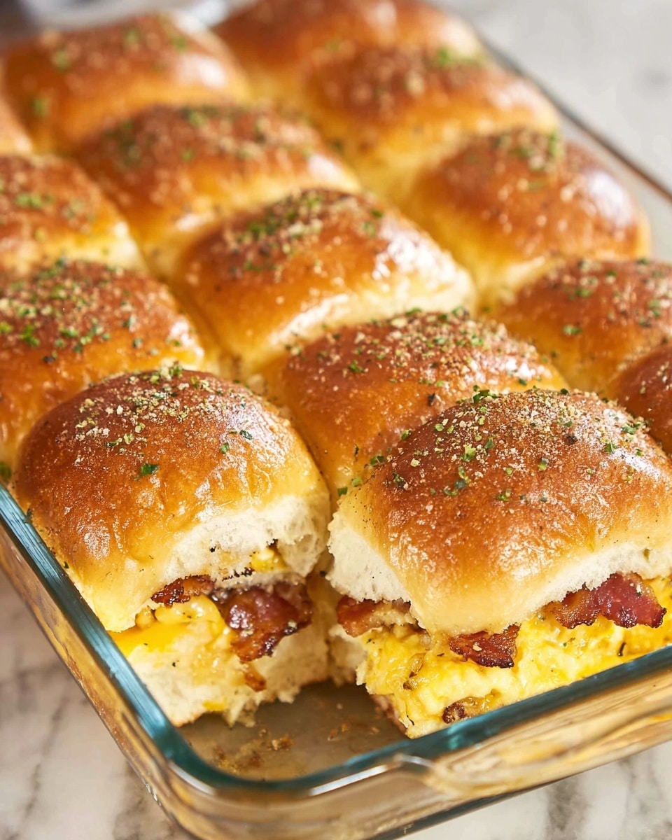 The image shows a close-up of a batch of nine golden-brown slider sandwiches baked together in a glass rectangular dish on a white marbled surface. Each slider has a shiny, soft, slightly rounded top sprinkled with green herbs and some grated cheese or seasoning. Inside each sandwich, there are visible layers of melted yellow cheddar cheese, crispy browned bacon, and scrambled yellow eggs. The sliders are tightly packed side by side, showing the fluffy texture of the bread and the melty filling oozing slightly from the sides. photo taken with an iphone --ar 4:5 --v 7