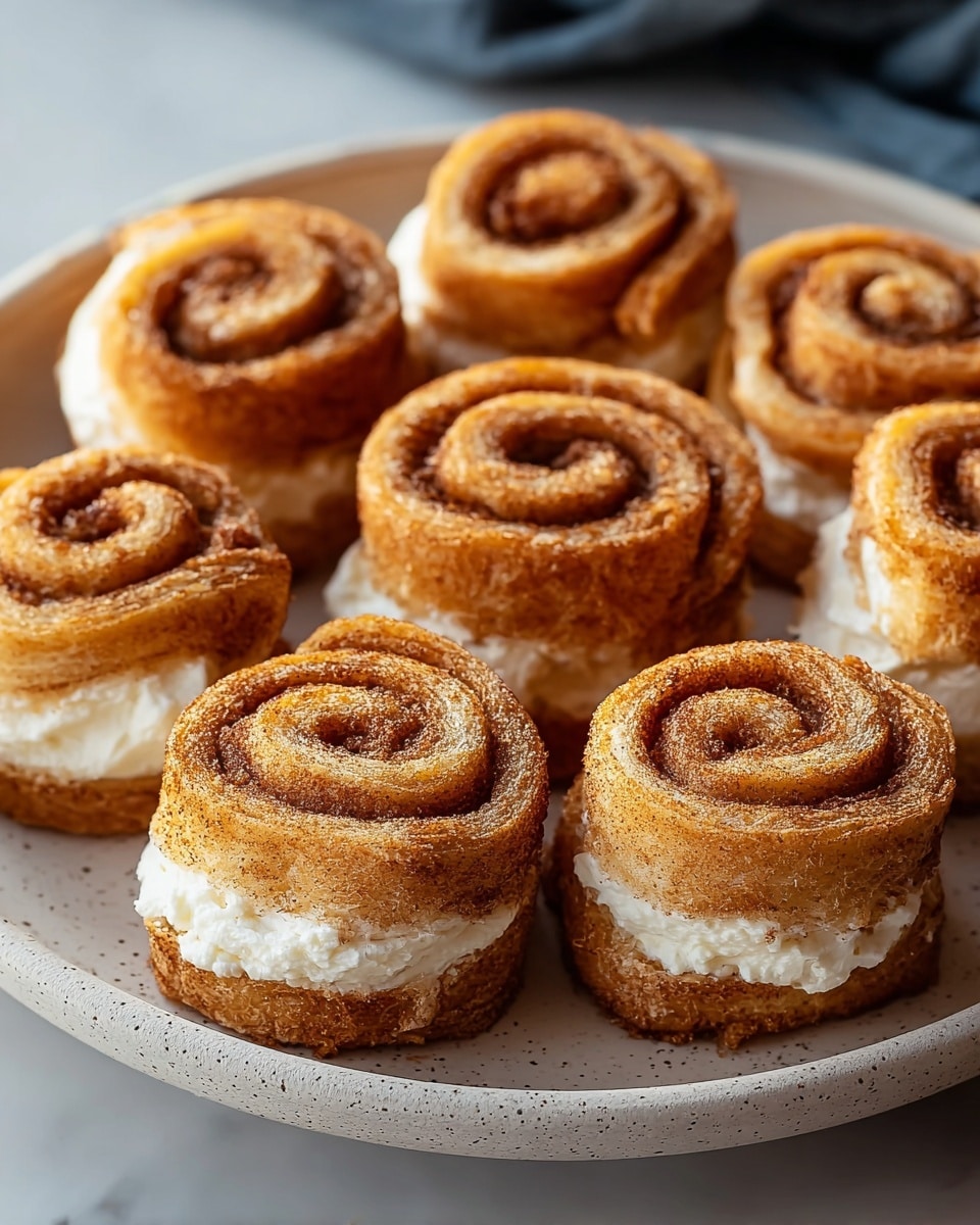 The image shows eight small cinnamon roll cakes arranged closely on a white plate with a slight speckled texture. Each cake has two visible layers: the bottom and top layers are golden brown with a soft, spongy texture covered in cinnamon spices, while the thick middle layer is a creamy white filling that contrasts with the warm tones of the rolls. The rolls are shaped in a swirl pattern showing the cinnamon cinnamon dusting on the outer surface. The scene is set on a white marbled surface with soft natural light highlighting the cozy, fresh-baked look. photo taken with an iphone --ar 4:5 --v 7