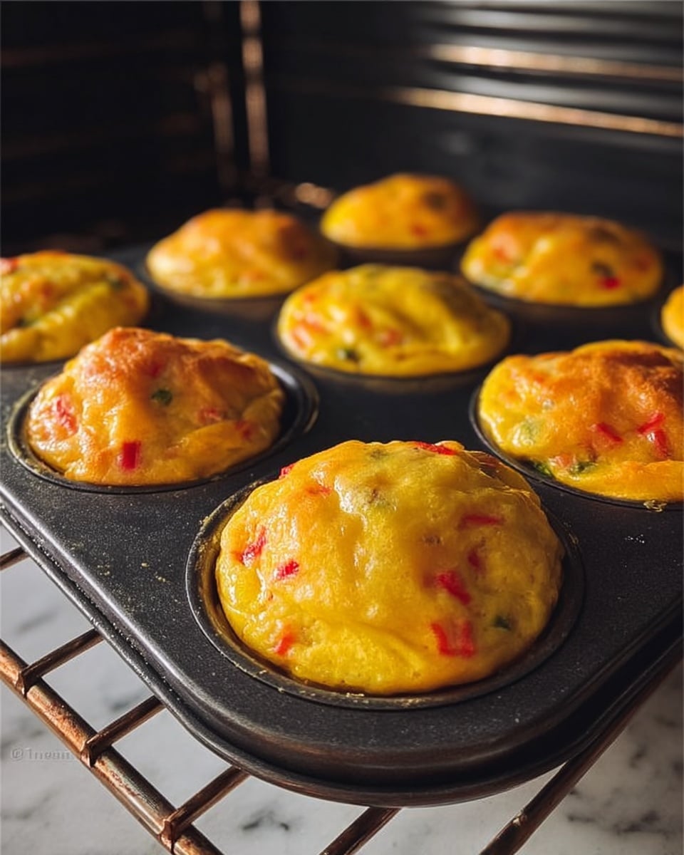 A close-up view inside an oven shows a black muffin pan holding six baked egg muffins that are puffed up with a smooth, golden-yellow top layer. Visible inside the muffins are small bits of red and green vegetables creating a speckled texture beneath the shiny egg surface. The muffins are evenly spaced in each cup, rising slightly above the pan edges. The oven’s shiny metal rack and dark interior provide a frame around the warm glowing muffins. The background beneath the pan is a white marbled texture. Photo taken with an iphone --ar 4:5 --v 7