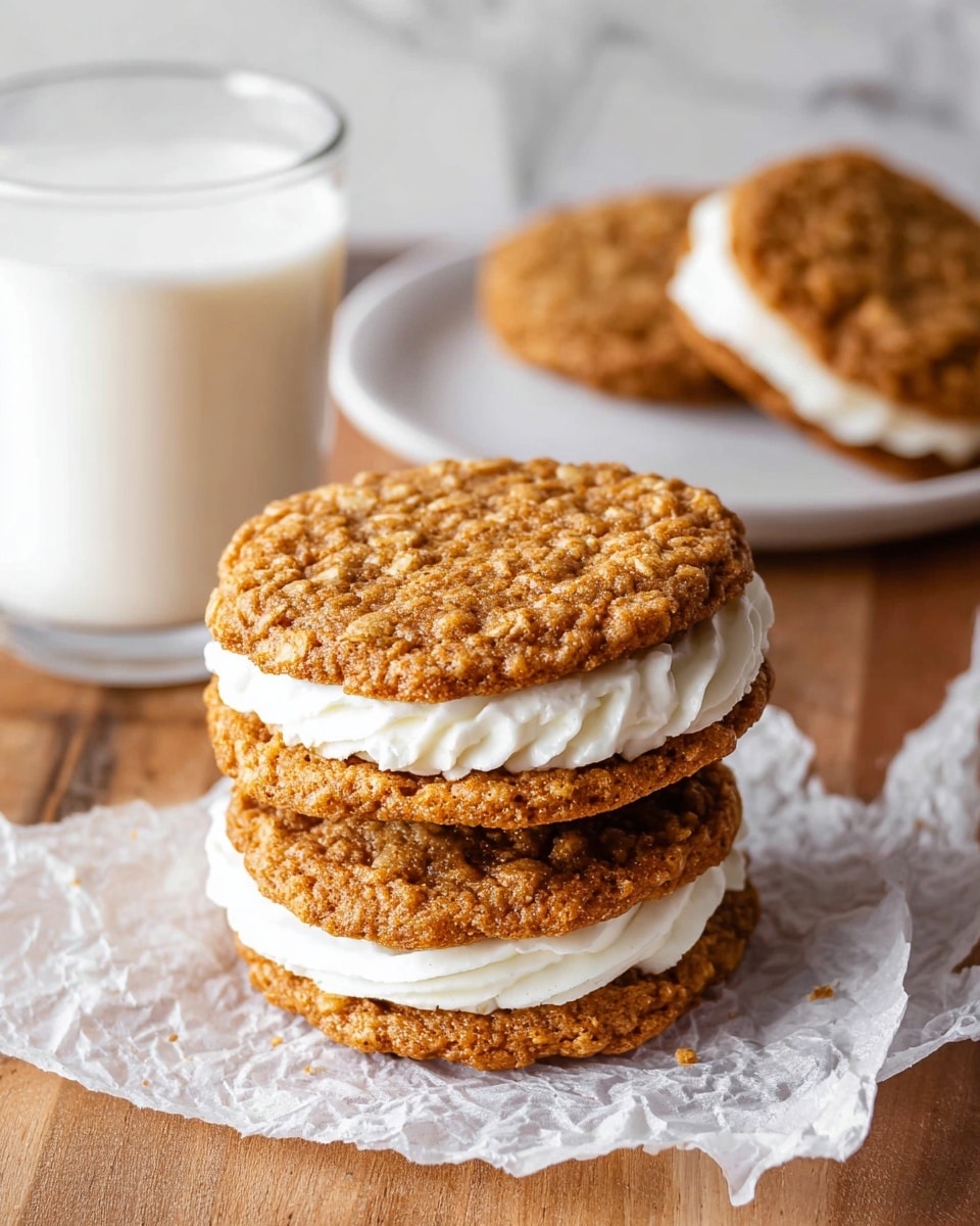 A stack of three oatmeal cream pies sits on a white marbled surface, each sandwich consisting of two golden-brown oatmeal cookies with a soft, textured surface and a thick layer of creamy white filling in the middle. The top oatmeal cream pie is slightly bitten, showing the smooth, white creamy filling inside and the crumbly cookie texture. Behind the stack, a glass of milk adds a touch of freshness to the scene, with a blurred white marbled background enhancing the cozy feel. Small oats are scattered near the pies, adding detail to the rustic presentation. photo taken with an iphone --ar 4:5 --v 7