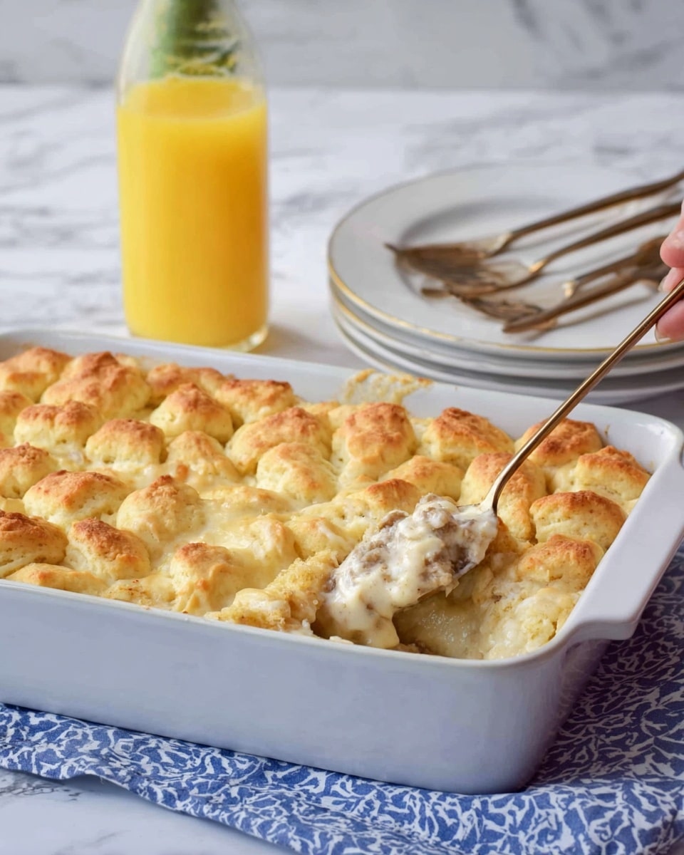 The image shows a white rectangular baking dish filled with a golden-brown biscuit-topped casserole. The top layer has many small, fluffy biscuit pieces with a slightly crispy texture and light brown edges. A woman's hand is using a spoon to scoop out a portion, revealing a creamy, thick filling underneath. The filling is light beige with a smooth, hearty texture. Behind the dish, there is a stack of white plates with three silver forks resting on top, and a glass bottle filled with bright orange juice. The background surface is white marble, with a blue patterned cloth partially visible beneath the dish. photo taken with an iphone --ar 4:5 --v 7
