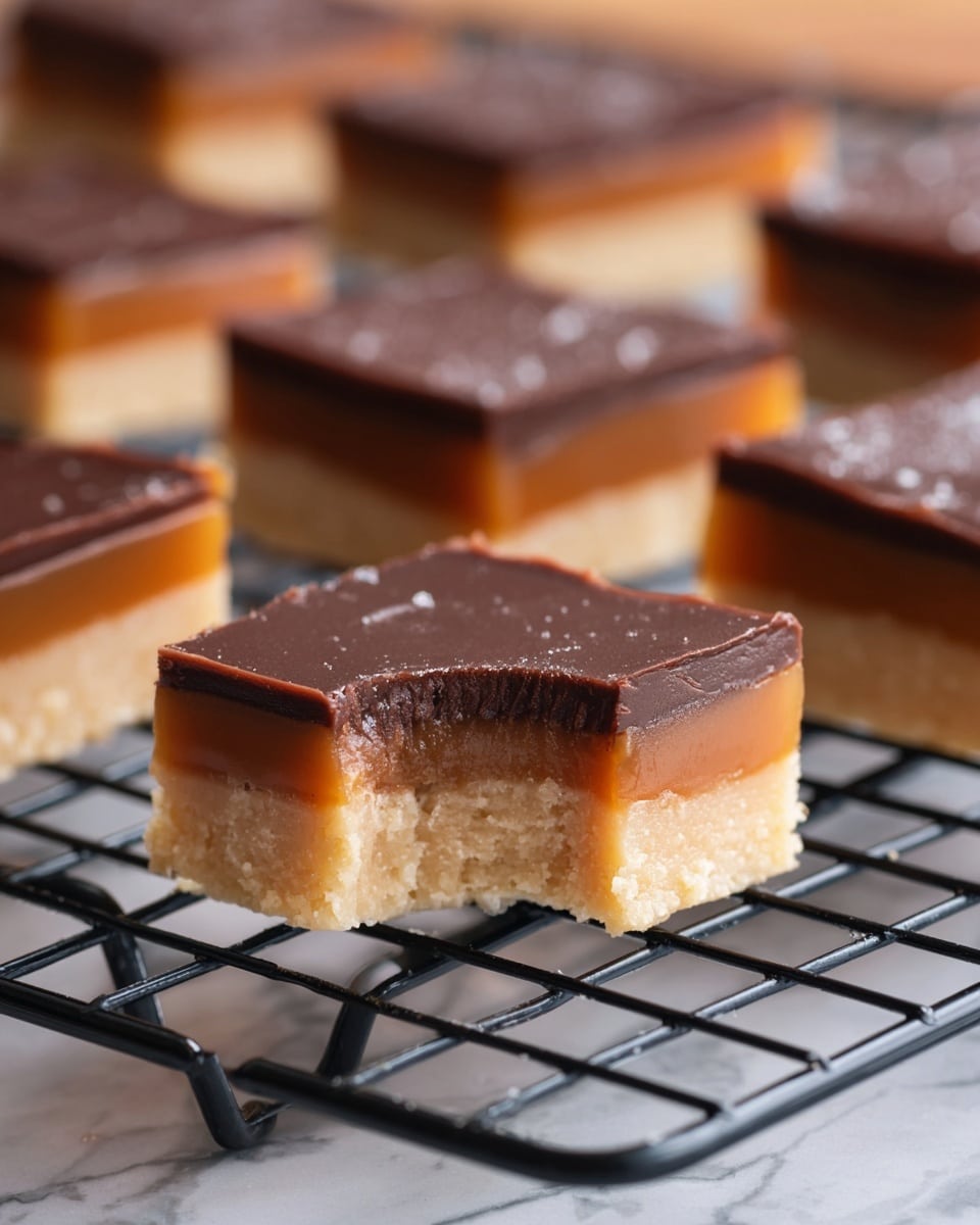 The image shows several square dessert bars on a black wire cooling rack against a white marbled background. Each bar has three distinct layers: a thick, dense bottom layer that is pale beige, a middle caramel layer that is glossy and golden brown, and a top chocolate layer that is smooth and dark brown. One dessert bar in the front has a bite taken out of it, revealing the clear separation of the three layers with a slight shine on the caramel and chocolate layers. Photo taken with an iphone --ar 4:5 --v 7