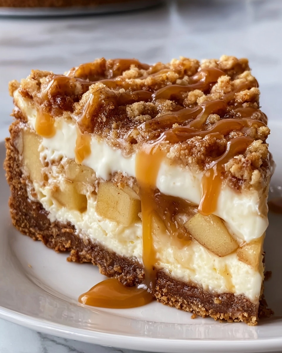 A close-up view of a slice of pie on a white plate, set on a white marbled texture surface. The pie has four layers: the bottom layer is a rough, dark brown crust, above it is a creamy white filling with chunks of soft, cooked apples mixed in, followed by a thicker layer of smooth, light cream. The top layer is a golden brown crumbly topping with visible small clumps and bits, drizzled with a shiny caramel sauce that runs down the sides of the slice. The textures range from crumbly on top to smooth and soft inside, with warm tones of brown, cream, and caramel. photo taken with an iphone --ar 4:5 --v 7