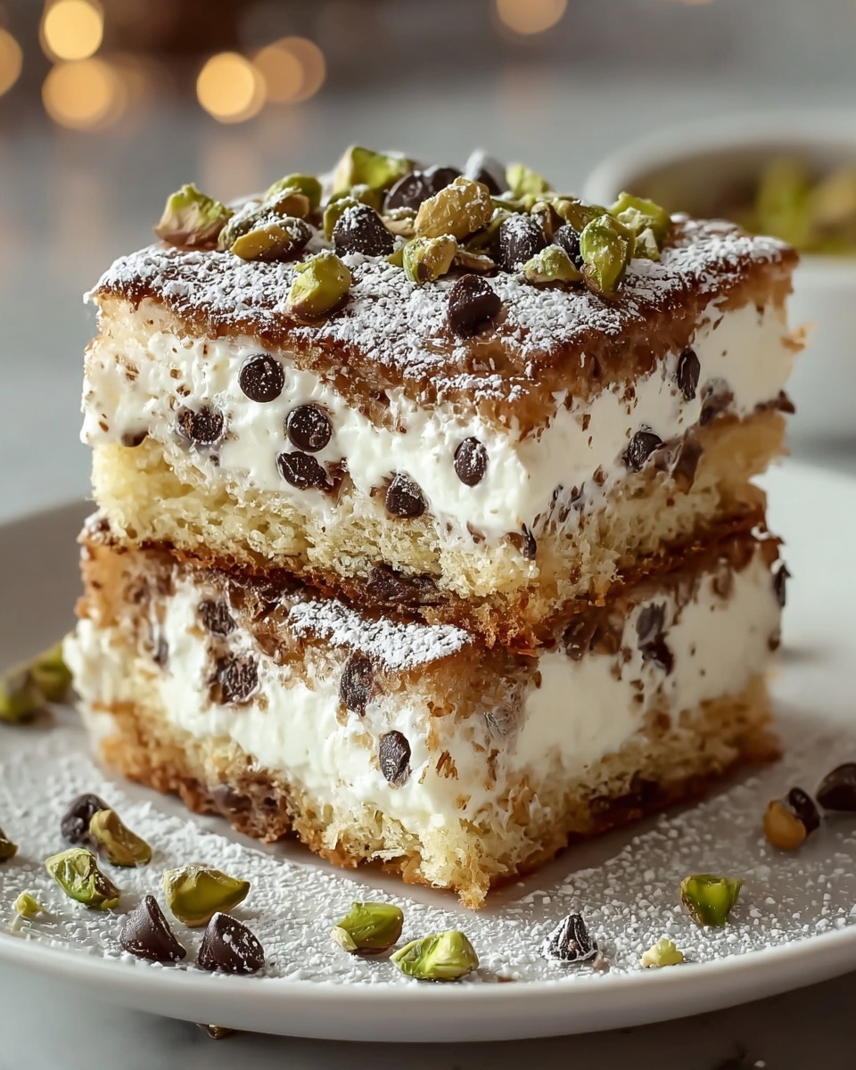 Two square pieces of dessert stacked on a white plate with a white marbled texture underneath. Each piece has three layers: a top and bottom layer of light brown cake with a slightly rough texture, and a thick middle layer of white cream mixed with small dark chocolate chips. The top cake layer is dusted with powdered sugar and decorated with scattered dark chocolate chips and chopped green pistachios. More powdered sugar and pistachio pieces are sprinkled on the plate around the dessert. Soft warm light blurs the background. photo taken with an iphone --ar 4:5 --v 7