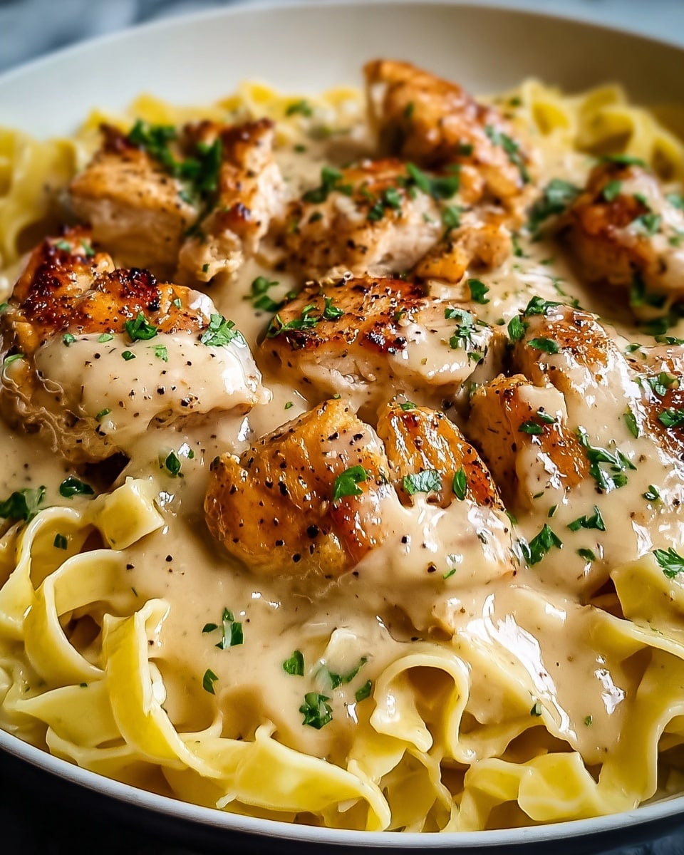 This image shows a close-up of a white bowl filled with creamy fettuccine pasta on the bottom layer, with its light yellow ribbons slightly twisted and glossy from the sauce. On top, there are multiple pieces of golden-brown chicken with a crispy texture, each coated with a smooth, light tan cream sauce and sprinkled with finely chopped green herbs and cracked black pepper. The dish is rich and warm-looking, with the sauce glistening and the herbs adding fresh color. The background includes a white marbled texture. photo taken with an iphone --ar 4:5 --v 7