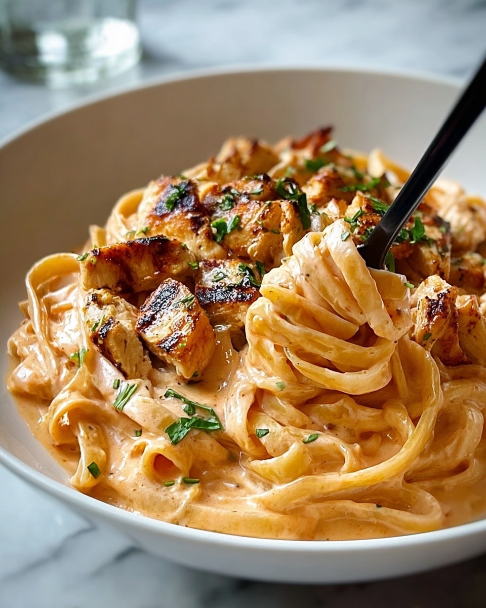 A close-up of a bowl with a white marbled texture background, showing creamy fettuccine pasta as the base layer. The pasta is coated in a light brown creamy sauce with smooth texture and some visible specks of seasoning. On top of the pasta, there are several medium-sized pieces of grilled chicken with a golden brown color and slight char marks, arranged evenly. The dish is finished with fresh green parsley leaves scattered over the chicken and pasta, adding a bright color contrast. photo taken with an iphone --ar 4:5 --v 7
