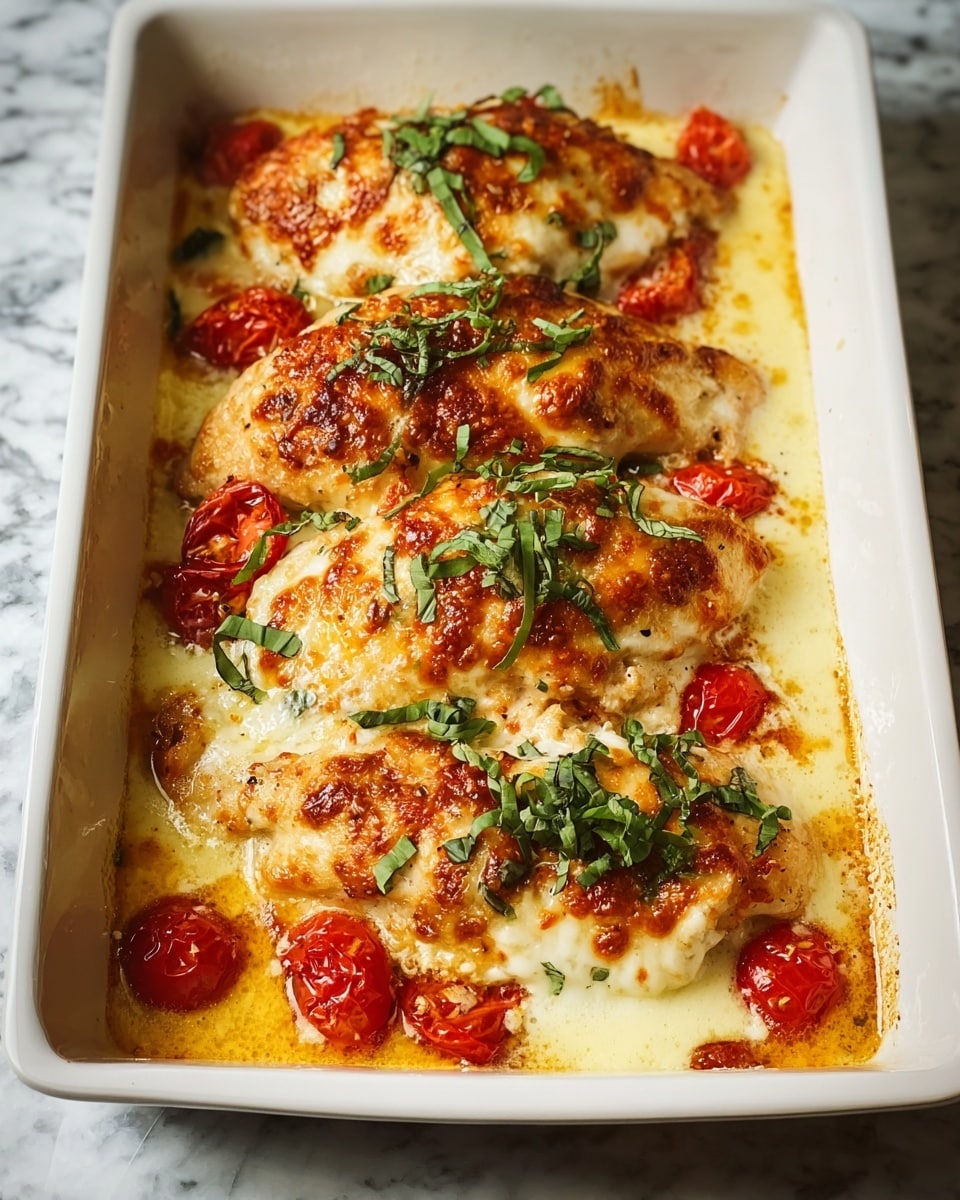 The dish shows three pieces of baked chicken in a white rectangular dish, each piece covered with a golden-brown layer of melted cheese mixed with small bits of browned spots, topped with small chopped green herbs and fresh green basil leaves. Around the chicken, there are scattered soft roasted red cherry tomatoes and a creamy light yellow sauce filling the bottom of the dish. The cheese looks gooey and slightly crispy on the edges, contrasting with the smooth sauce below. The scene is set on a white marbled surface. photo taken with an iphone --ar 4:5 --v 7