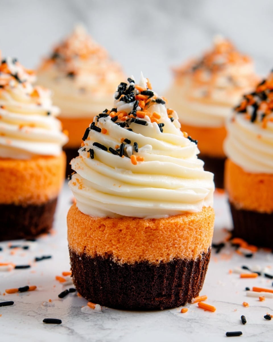 The image shows several mini cupcakes arranged on a white marbled surface. Each cupcake has three layers: a bottom dark brown crust, a thick middle orange cake layer with a soft texture, and a top layer of white creamy frosting piped in swirled peaks. The frosting is decorated with small sprinkles in black, orange, and white colors scattered on top and nearby the cupcakes. The focus is on the front cupcake, with others softly blurred in the background. photo taken with an iphone --ar 4:5 --v 7