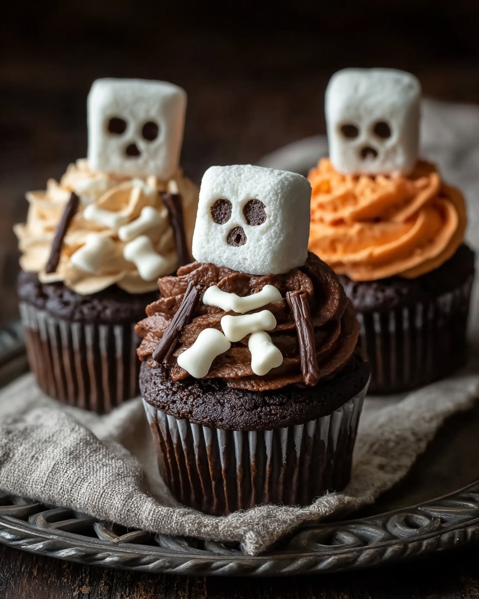 Three cupcakes sit on a piece of rough beige cloth on a decorative dark metal tray with a blurred dark setting behind. Each cupcake has a dark chocolate base wrapped in a dark brown liner. The cupcakes are topped with thick swirls of frosting in different colors: one with light beige, one with dark brown, and one with orange frosting. On each frosting swirl is a white marshmallow shaped like a square skull with dark spots for eyes, nose, and mouth lines. White candy pieces form a small skeleton body on the frosting in front of each marshmallow skull, with lines for ribs and legs, and dark brown candy sticks as arms. Photo taken with an iphone --ar 4:5 --v 7