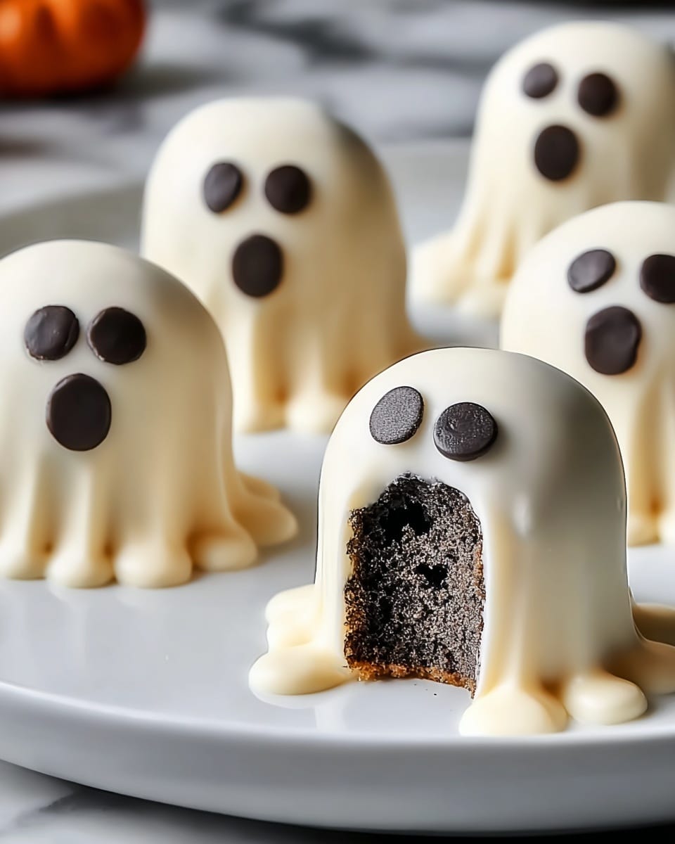 The image shows five small ghost-shaped cake pops arranged on a white plate, each covered in smooth white chocolate, giving a glossy and slightly dripped effect at the base for a melted look. Each ghost has two round dark chocolate eyes placed near the top and an open mouth made of dark chocolate as well, creating a spooky face. The front ghost has a large bite taken out, showing the dark, textured inner cake layer beneath the white chocolate shell. The background is blurred but shows a white marbled texture surface. photo taken with an iphone --ar 4:5 --v 7