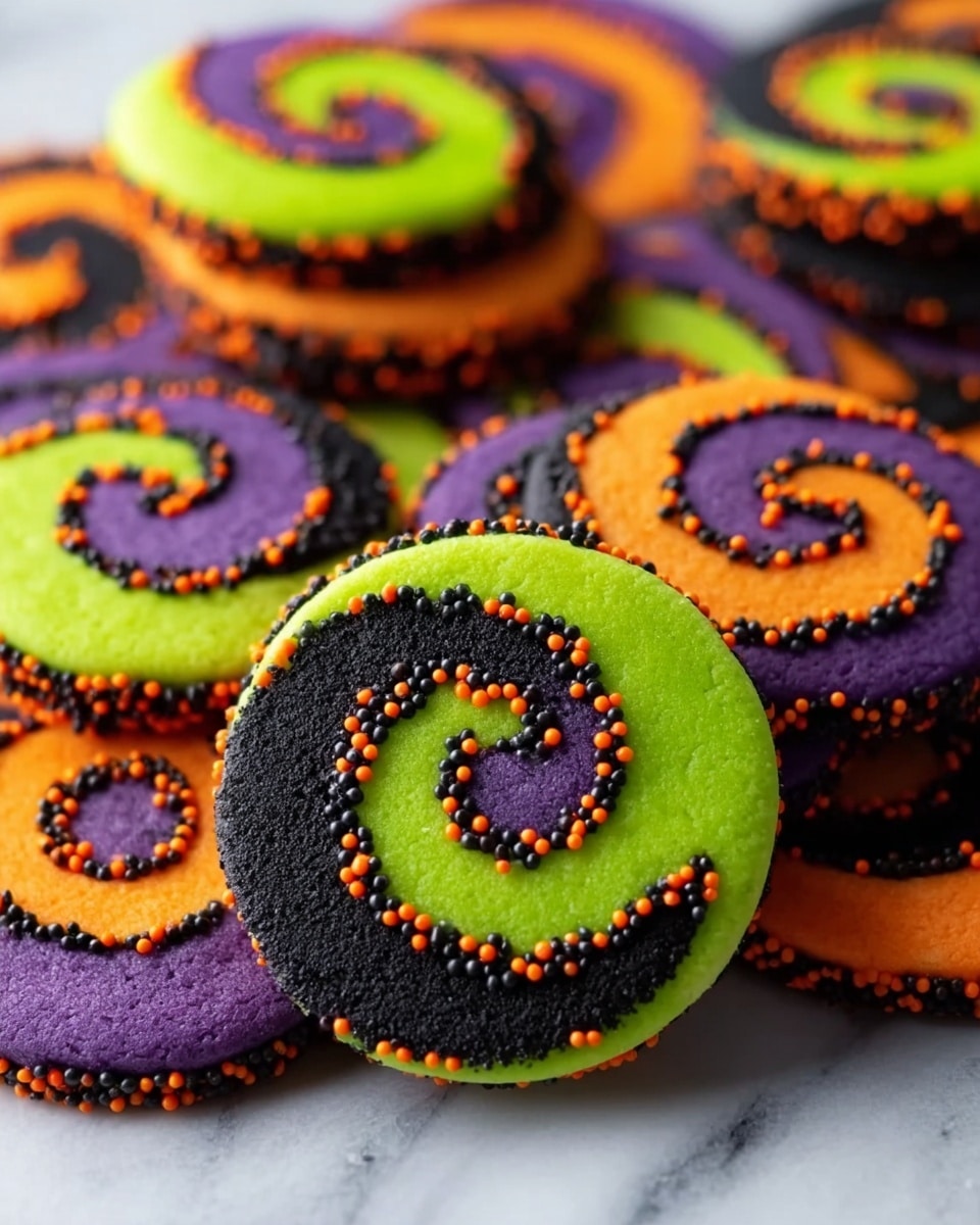 A close-up of round swirl cookies stacked on a white marbled surface. Each cookie has two layers forming a spiral: one layer is a bright color like orange, green, or purple, and the other layer is black. The edges of the cookies are decorated with small black and orange round sprinkles, giving a textured look. The cookies have a soft, smooth surface with vibrant contrast between the bright swirl and the black background. Photo taken with an iphone --ar 4:5 --v 7