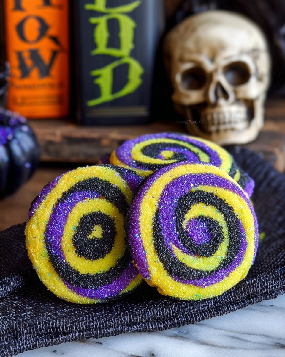 The image shows a stack of five spiral cookies placed on a dark textured cloth. Each cookie has three colored swirl layers starting from the center: bright yellow, purple, and black, arranged in a continuous swirl pattern. The edges of the cookies are coated with coarse black and purple sugar crystals adding a sparkly texture. In the background, there is a realistic skull prop on a wooden surface next to two black book-like objects with orange and green spooky letters. The scene is set on a white marbled surface with soft, natural light highlighting the vibrant colors and textures. Photo taken with an iphone --ar 4:5 --v 7