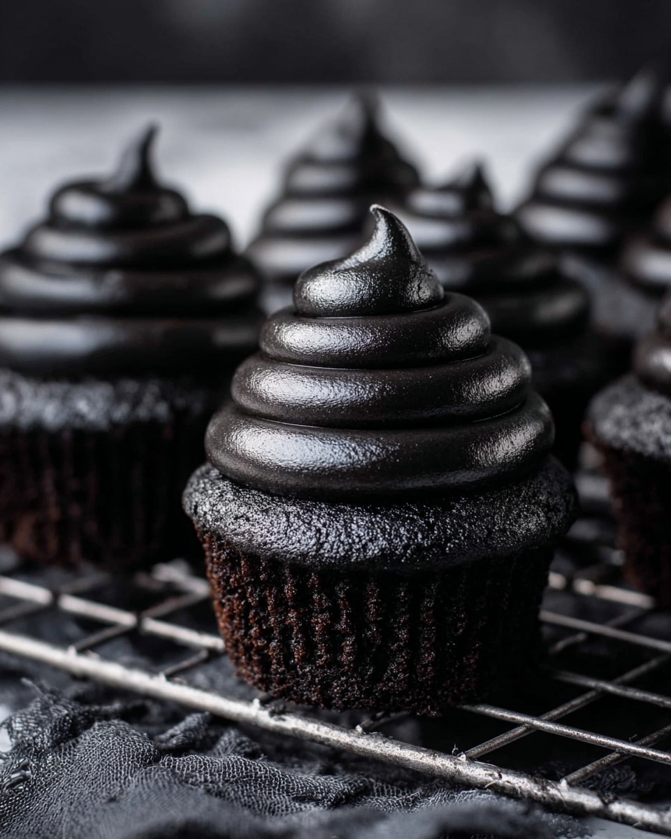 A close-up image shows several dark black cupcakes arranged on a metal cooling rack with a textured black cloth underneath. Each cupcake has a thick, smooth swirl of black frosting on top, rising in three distinct layers with a shiny, slightly glossy texture. The base cake part is dense and crumbly that matches the dark black color of the frosting, giving a rich and deep contrast in texture but not in color. The background surface is changed to a white marbled texture, subtly reflecting light and adding contrast to the dark cupcakes. photo taken with an iphone --ar 4:5 --v 7