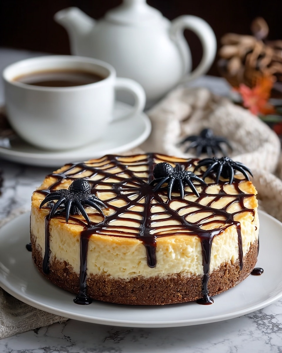 A round cheesecake with three visible layers sits on a white plate on a white marbled surface; the bottom layer is a thick, crumbly brown crust, the middle layer is a creamy pale yellow cheesecake, and the top layer is decorated with dark chocolate sauce drizzled in a spider web pattern that drips down the sides, with two small black plastic spiders placed on top and one next to the plate. In the background, there is a white cup filled with coffee and a white teapot, both slightly blurred. Photo taken with an iphone --ar 4:5 --v 7