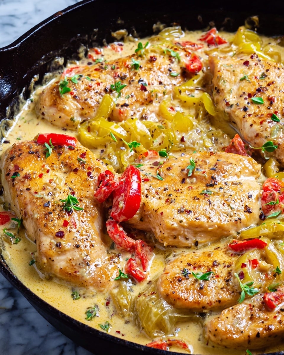 A close-up of a black cast iron pan filled with six golden-brown chicken breasts cooked in a creamy light yellow sauce with specks of black pepper and herbs scattered across. Bright yellow sliced peppers and bits of red peppers are mixed evenly on top, along with small green herb leaves sprinkled throughout the dish. The glossy creamy sauce has a smooth texture that partially covers the chicken, with some parts of the chicken showing a light sear on the surface. The background shows a white marbled texture lightly blurred. photo taken with an iphone --ar 4:5 --v 7