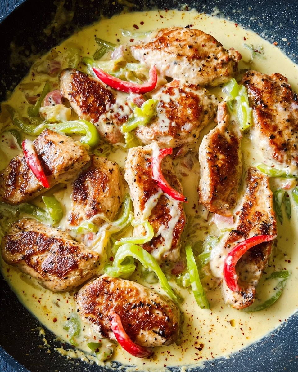 The image shows a pan with about eight pieces of browned chicken breasts cooked in a thick creamy light yellow sauce. The sauce has visible slices of green peppers scattered throughout and a few thin strips of red bell pepper on top of the chicken. The chicken pieces are well-seared with a slightly crispy texture and pepper flakes on the surface. The sauce looks smooth and slightly glossy, covering the bottom of the pan and partially coating each piece of chicken. The pan's interior is dark, creating a contrast with the light sauce and colorful vegetables. photo taken with an iphone --ar 4:5 --v 7
