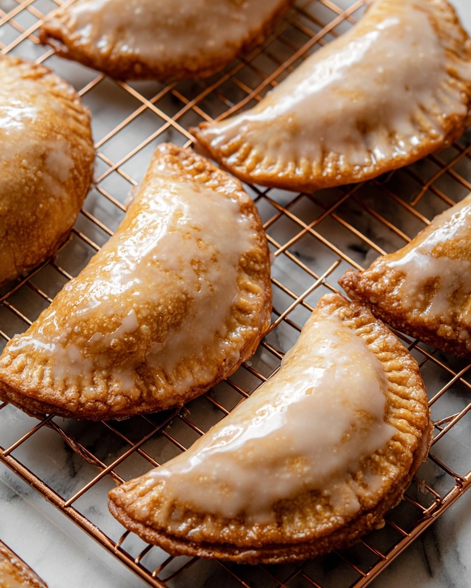 The image shows several half-moon shaped pastries with a light brown crust that looks crispy and slightly rough. Each pastry is covered with a shiny, smooth glaze that creates a thin, glossy layer on the surface. They are arranged closely on a copper-colored cooling rack, which rests over a white marbled textured surface barely visible underneath. The edges of the pastries are crimped, adding a decorative touch while sealing the filling inside. photo taken with an iphone --ar 4:5 --v 7