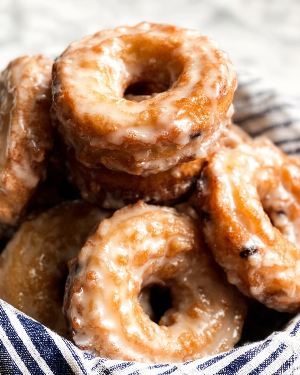 A close-up view of a stack of glazed old-fashioned donuts with a rough, ridged texture and a shiny, sugary white glaze covering the uneven golden-brown surface. The donuts are piled inside a white bowl lined with a navy blue and white striped cloth, showing layers of crispy edges and sides with a slightly darker caramel color in some spots. The background features a white marbled texture. photo taken with an iphone --ar 4:5 --v 7