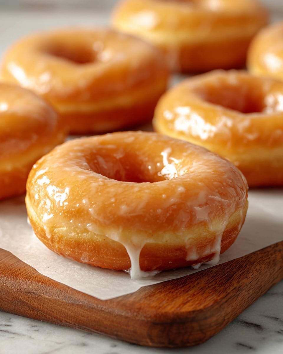 The image shows a close-up of shiny, golden-brown glazed donuts placed on white parchment paper on a wooden board. Each donut has one smooth, thick outer layer of sweet glaze that shines under warm light, with a slightly soft and bready texture visible underneath. The glaze drips softly down the sides of the donuts, giving them a fresh and sticky appearance. The background features more blurred donuts, maintaining the focus on the front donut. The setting is simple with a white marbled texture beneath the wooden board. photo taken with an iphone --ar 4:5 --v 7