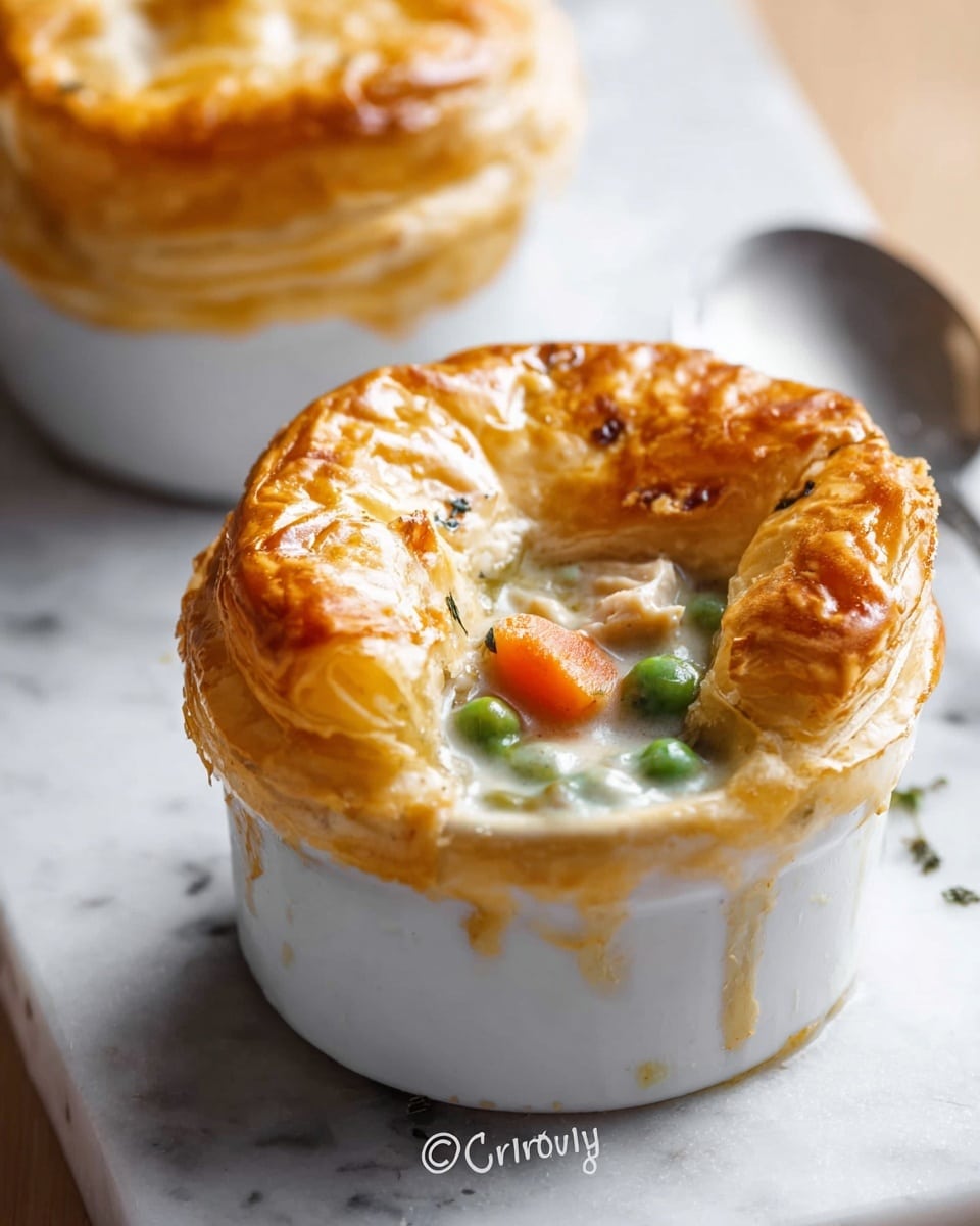 A small white round ceramic ramekin holds a golden brown puff pastry crust with crispy, flaky layers and a slightly cracked top revealing a creamy filling underneath. Inside, chunks of soft orange carrot, bright green peas, and tender pieces of chicken are visible in a smooth white sauce. The ramekin sits on a white marbled surface with a silver spoon placed nearby and a blurred similar dish in the background. Soft natural light highlights the shiny, textured pastry crust. Photo taken with an iphone --ar 4:5 --v 7
