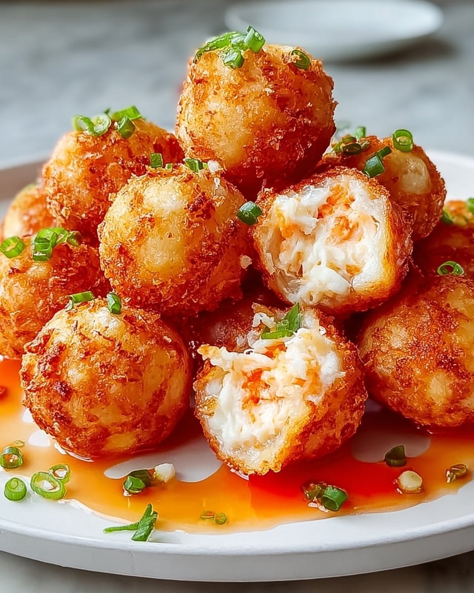 A white plate holds a pile of about ten golden brown fried balls, each with a crispy and textured outside. One ball is cut open showing a soft, white, creamy inside with small bits of orange, likely crab or shrimp, giving a layered look of crunchy shell and tender filling. Scattered green onion pieces add spots of fresh green color on and around the balls. The plate sits on a white marbled surface, with a small pool of shiny, orange sauce beneath the pile. Photo taken with an iphone --ar 4:5 --v 7