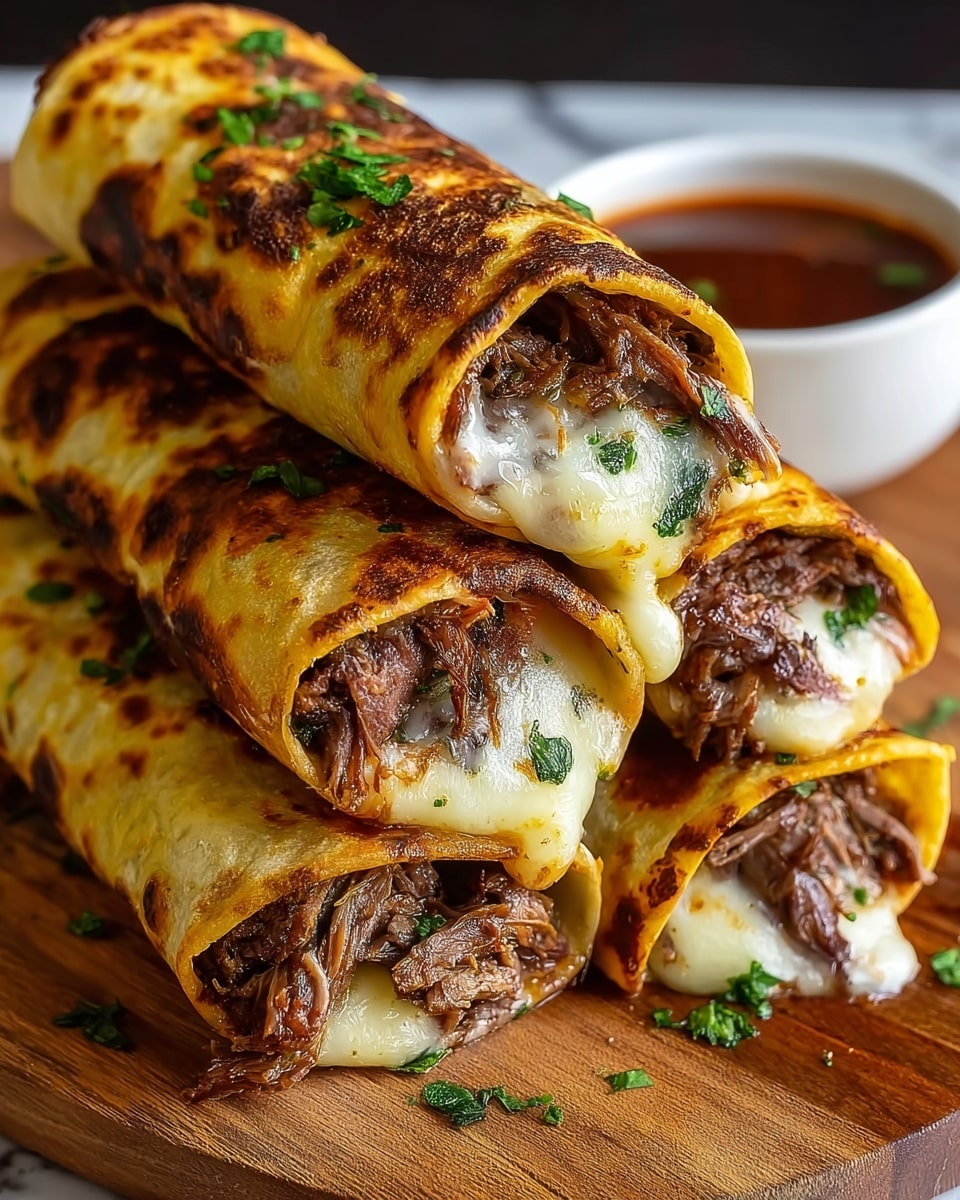 The image shows a stack of four rolled tacos arranged closely on a wooden board with a white marbled texture in the background. Each taco is made of a golden brown, slightly crispy outer shell with darker char marks, filled with shredded, dark brown meat and melted white cheese that oozes slightly from the ends. Small green herb pieces are sprinkled on top and around the tacos, adding a pop of color. A small white bowl with a dark red-brown dipping sauce is placed in the background on the right side. photo taken with an iphone --ar 4:5 --v 7