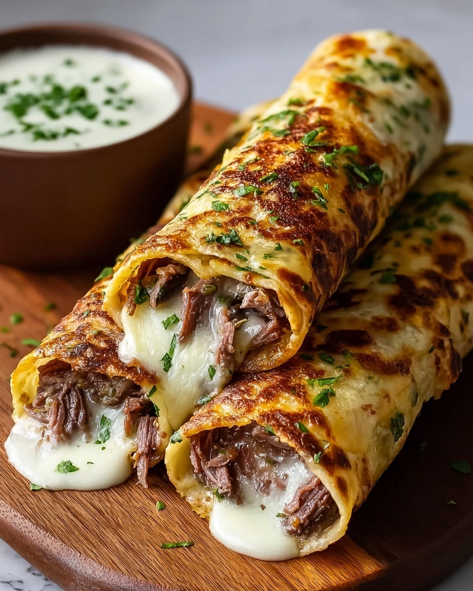 Three rolled tortillas are stacked on a wooden board, each filled with layers of soft, shredded beef mixed with melted white cheese and small green herbs. The tortillas are golden brown with a slightly crispy texture and sprinkled with chopped green herbs on top. Behind the tortillas, there is a small brown bowl filled with white sauce, garnished with tiny green herbs. The entire scene is set on a surface with a white marbled texture. photo taken with an iphone --ar 4:5 --v 7