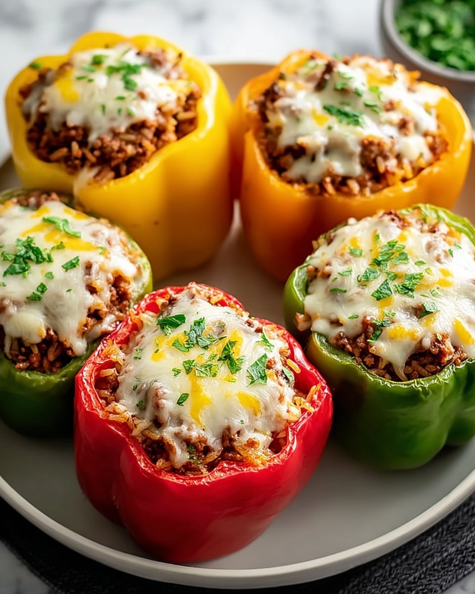 Five stuffed bell peppers filled with a mix of cooked ground meat and rice sit on a white plate. The peppers are red, yellow, and green, each cut open at the top, showing a layer of brown meat and rice mixture inside. On top of this, there is a layer of melted white cheese with small patches of yellow cheese peeking through. The cheese layer is sprinkled with finely chopped green herbs, adding a touch of color. The surface under the plate is a white marbled texture. photo taken with an iphone --ar 4:5 --v 7