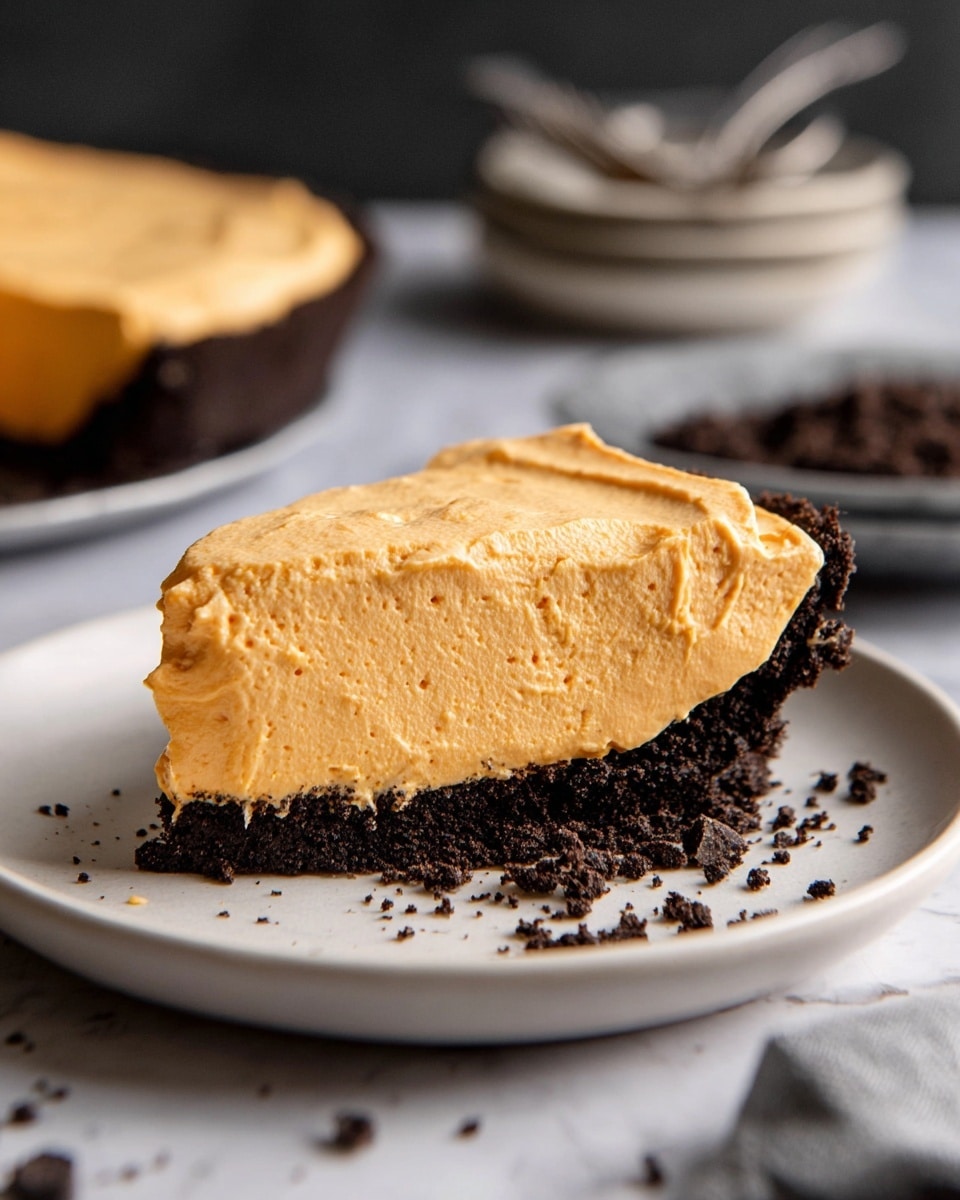 A single slice of pie with two visible layers sits on a white plate on a white marbled surface. The bottom layer is dark brown and crumbly, resembling a chocolate crust. The top layer is thick, smooth, and light orange in color, looking creamy and whipped with small air holes. There are dark crumbs scattered around the plate and surface. In the background, blurred shapes of a pie and utensils are visible. Photo taken with an iphone --ar 4:5 --v 7
