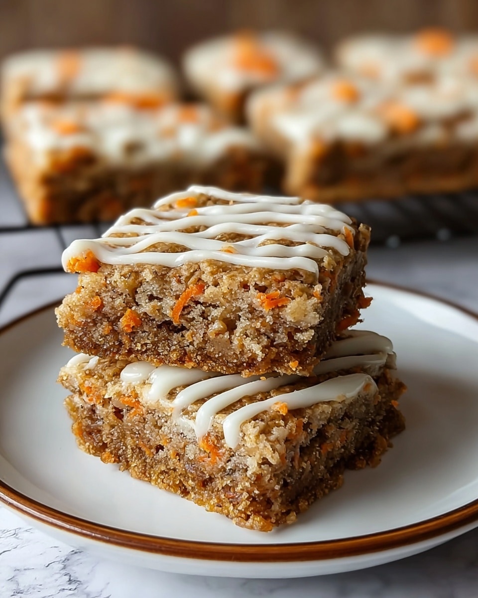 Two square pieces of carrot cake bars are stacked on a white plate with a thin brown rim. Each bar shows a textured, crumbly brown base with visible small orange carrot bits and darker specks, likely spices. A thick white icing drizzle runs in three lines across the top piece, giving a glossy and creamy contrast to the rough surface of the cake. In the background, more bars are blurred on a metal rack. The plate sits on a white marbled texture surface. photo taken with an iphone --ar 4:5 --v 7