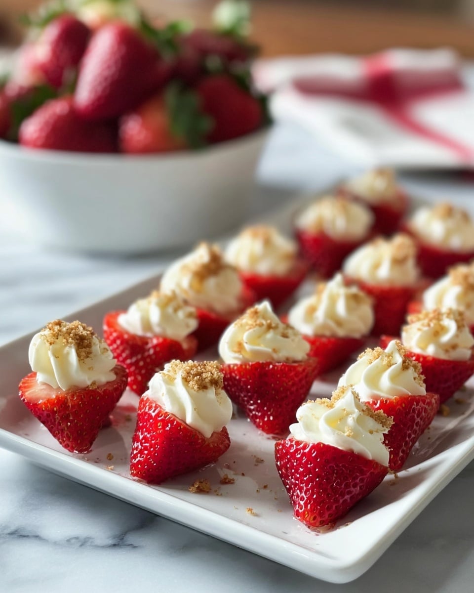 A white rectangular plate holds 18 strawberry halves, each topped with a swirl of white cream and sprinkled with light brown crumbs. The strawberries are bright red with visible seeds and green tops mostly removed. In the background, slightly out of focus, there is a white bowl filled with whole strawberries. The plate rests on a white marbled surface with soft natural lighting. Photo taken with an iphone --ar 4:5 --v 7