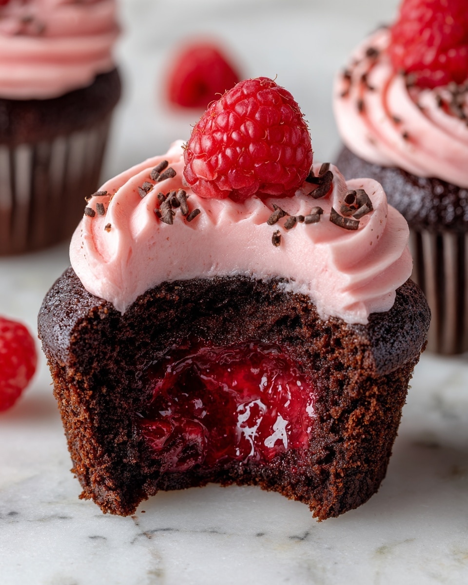 The image shows a chocolate cupcake cut open to reveal its inside layers. The base layer is dark, moist chocolate cake with a soft texture. Above the cake is a thick layer of glossy, deep red raspberry filling, oozing out slightly. On top of the cupcake, there is a swirl of smooth, light pink raspberry frosting with small chocolate shavings scattered on it. Finally, a fresh, bright red raspberry sits at the very top, adding a fresh touch. The cupcakes are placed on a white marbled surface. photo taken with an iphone --ar 4:5 --v 7